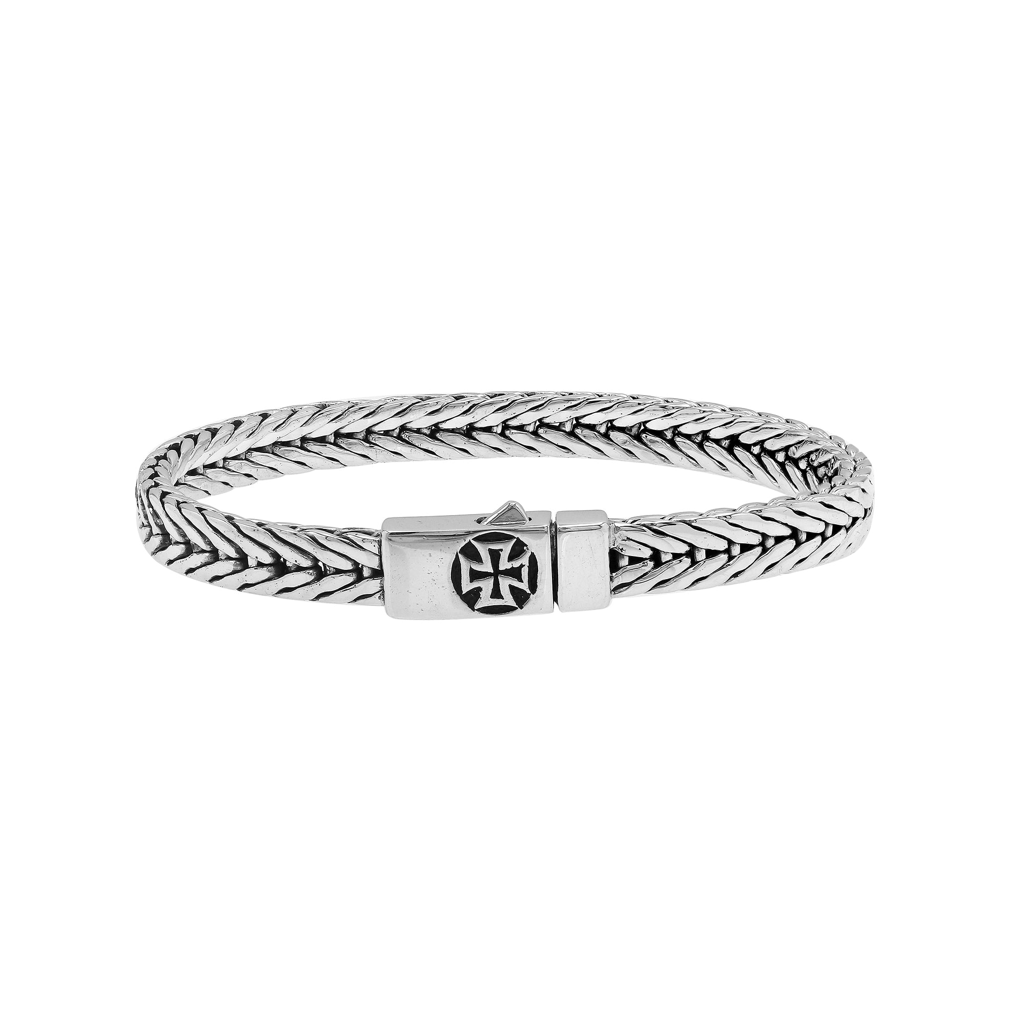 Elegant sterling silver wheat chain bracelet with cross clasp and polished Balinese design