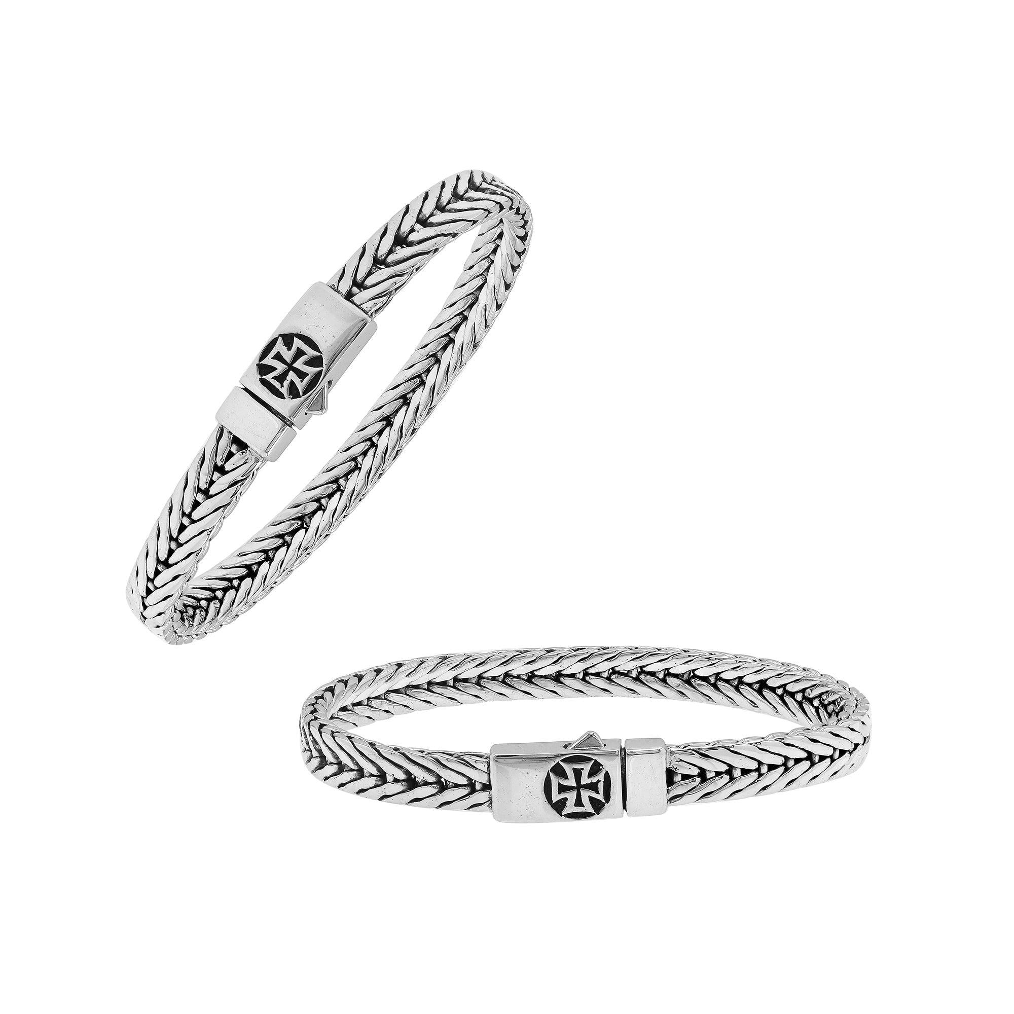 Elegant sterling silver wheat chain bracelet with cross clasp and polished Balinese design