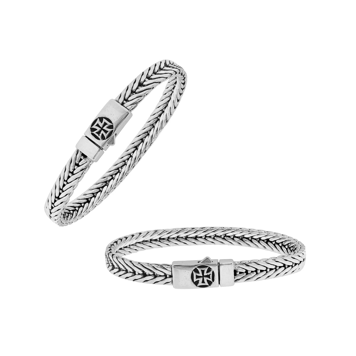 Elegant sterling silver wheat chain bracelet with cross clasp and polished Balinese design