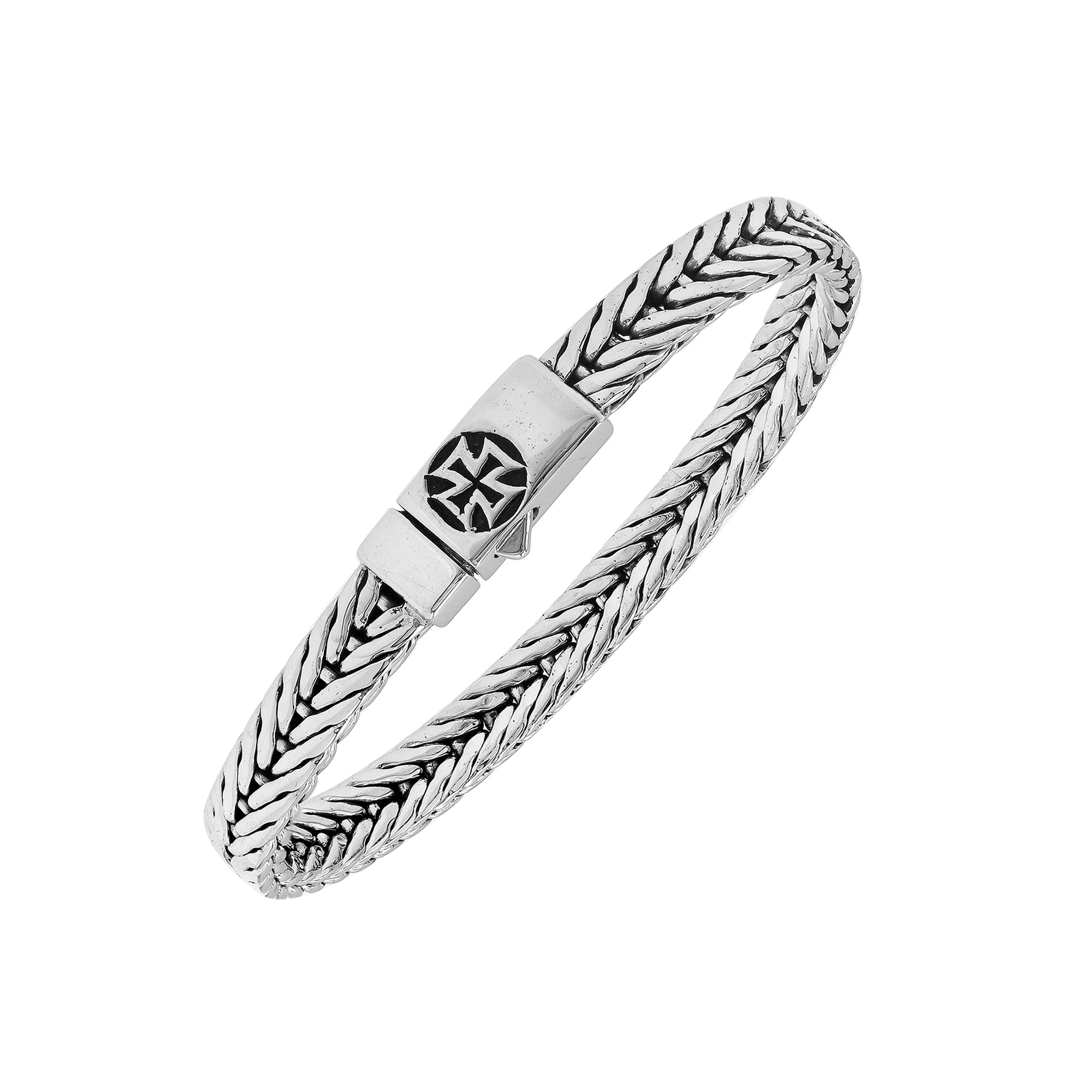 Elegant sterling silver wheat chain bracelet with cross clasp and polished Balinese design