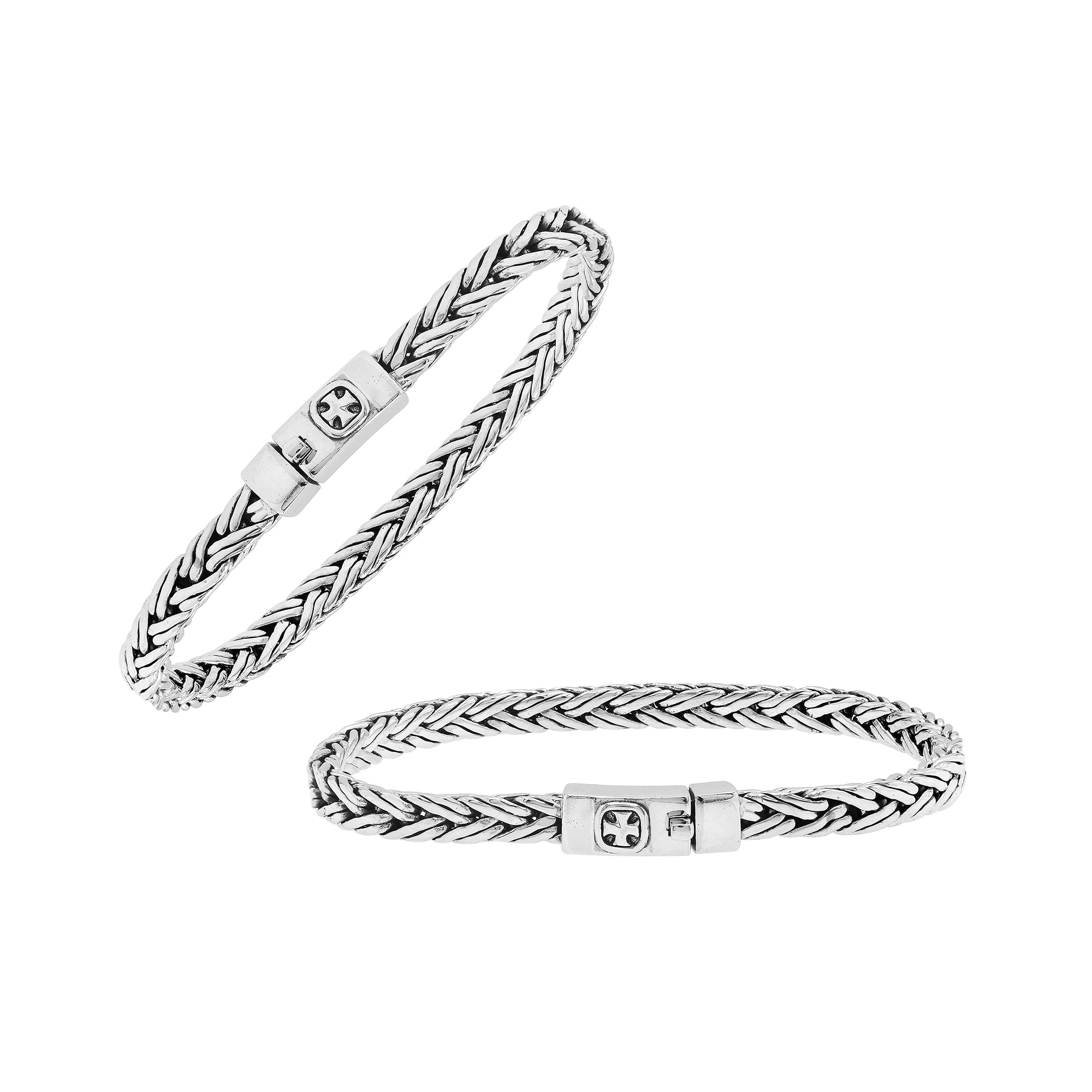 Elegant sterling silver wheat chain bracelet with cross push clasp and Balinese detailing