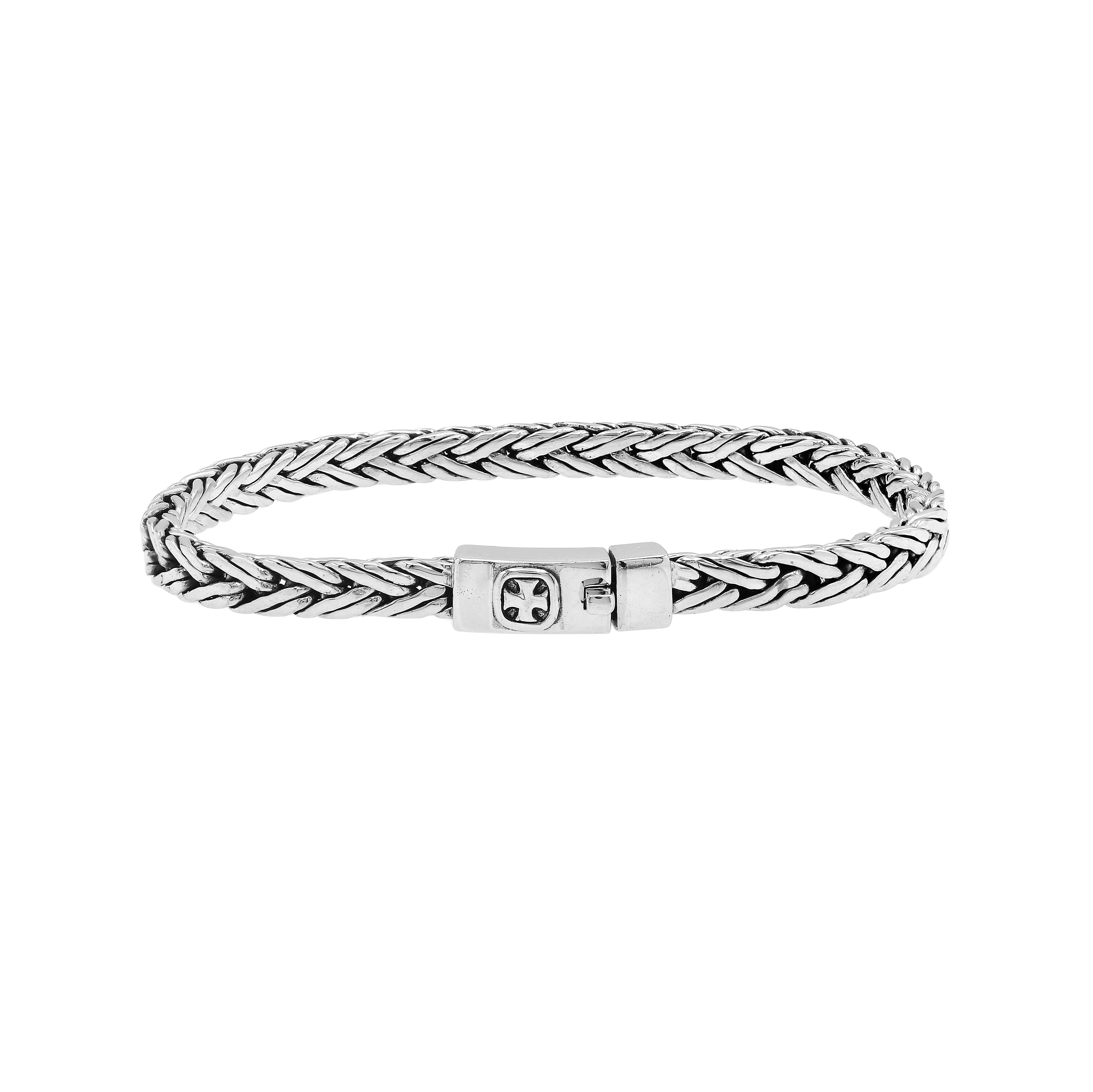 Elegant sterling silver wheat chain bracelet with cross push clasp and Balinese detailing