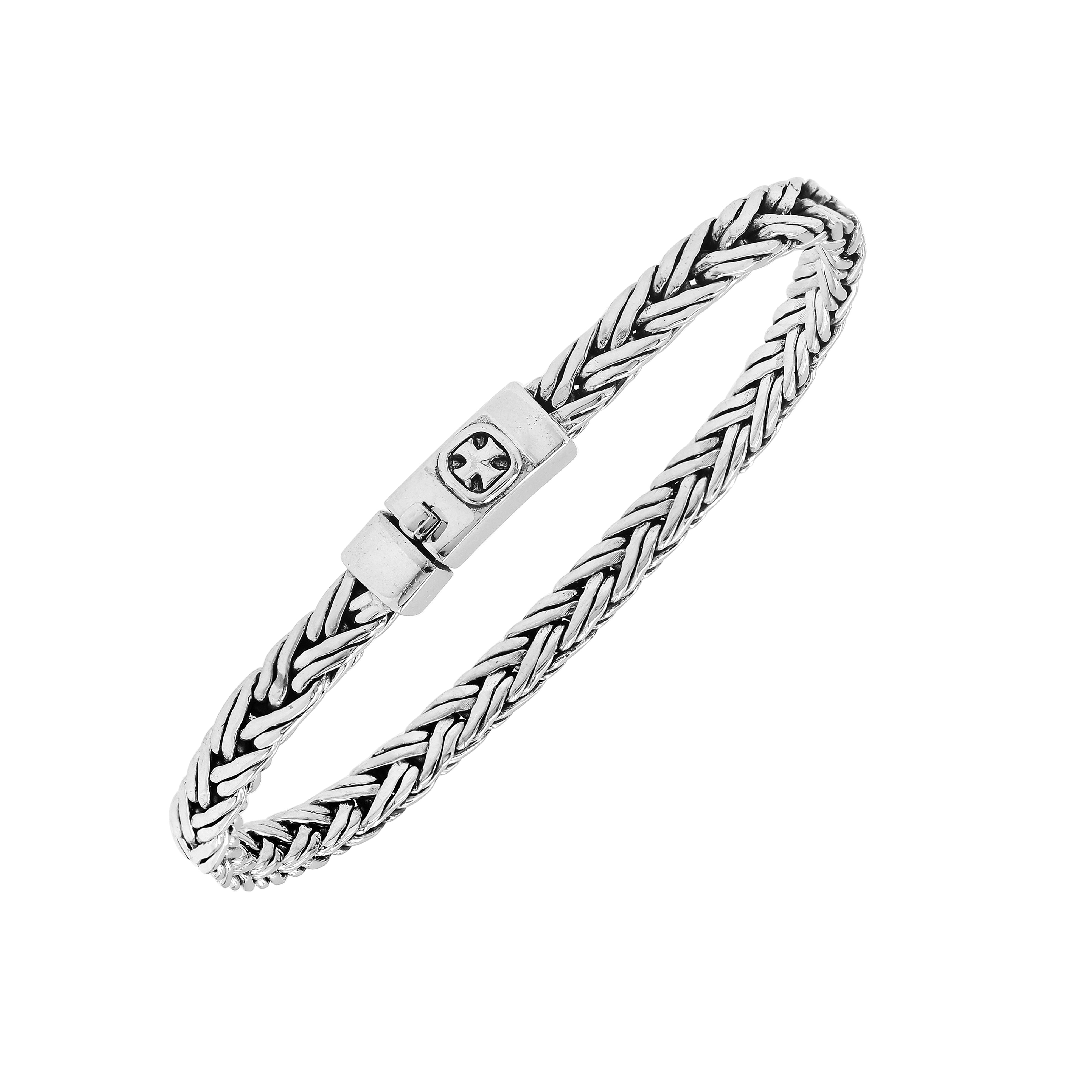 Elegant sterling silver wheat chain bracelet with cross push clasp and Balinese detailing