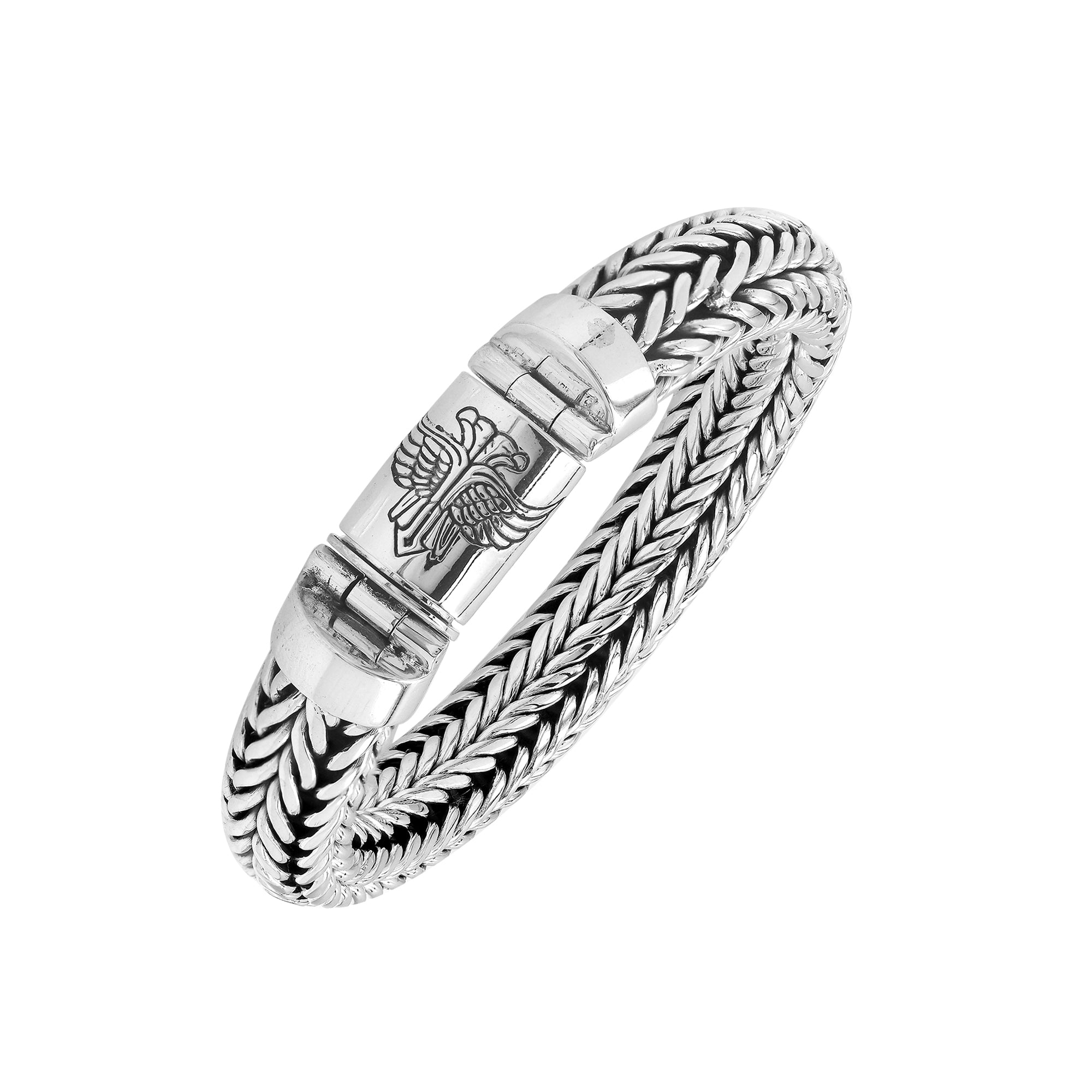 Sterling silver wheat chain bracelet with eagle design push clasp handcrafted in Bali