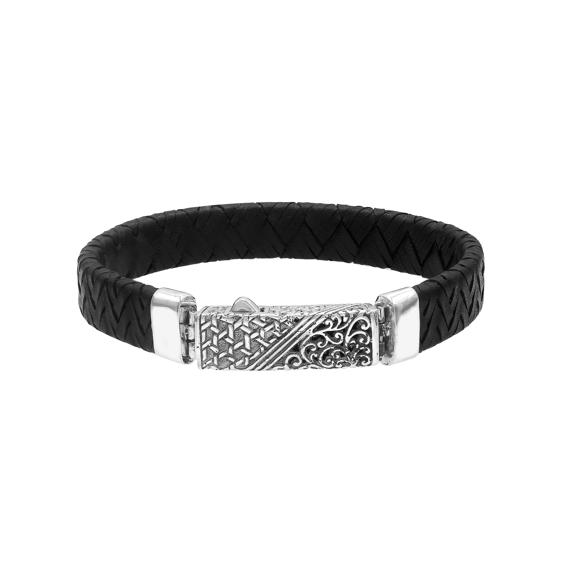 Sterling silver black leather braided bracelet with detailed Balinese push clasp handcrafted in Bali