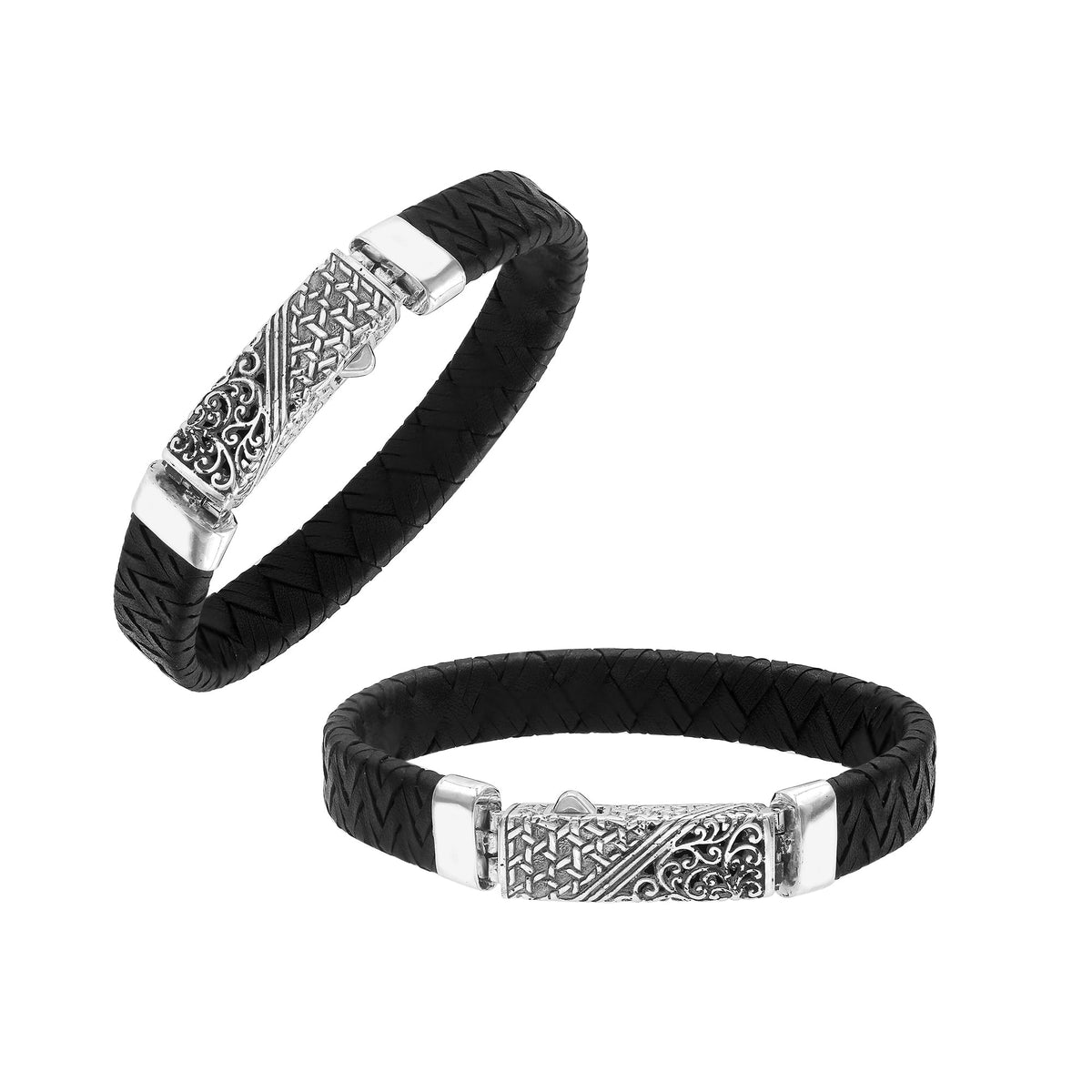 Sterling silver black leather braided bracelet with detailed Balinese push clasp handcrafted in Bali