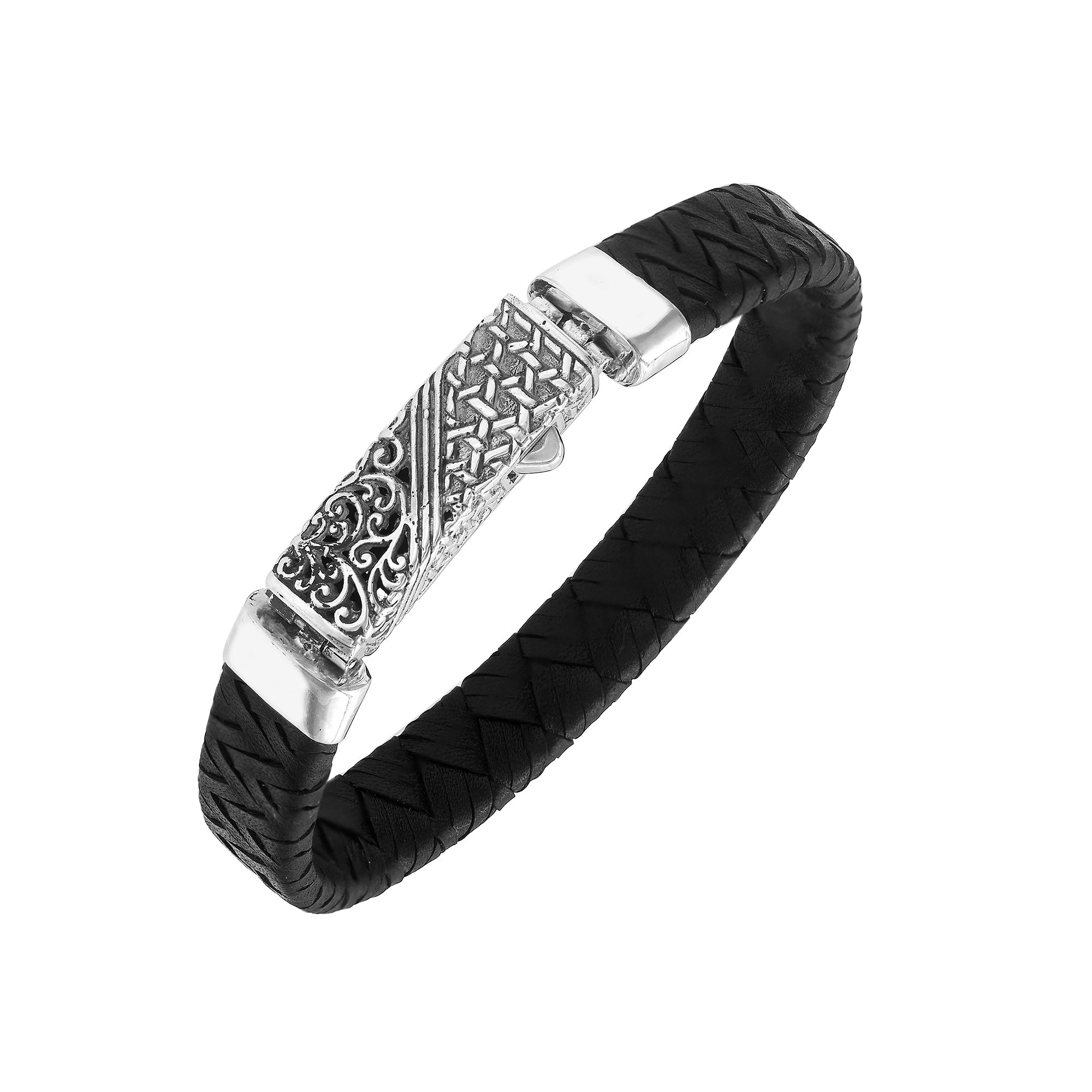 Sterling silver black leather braided bracelet with detailed Balinese push clasp handcrafted in Bali