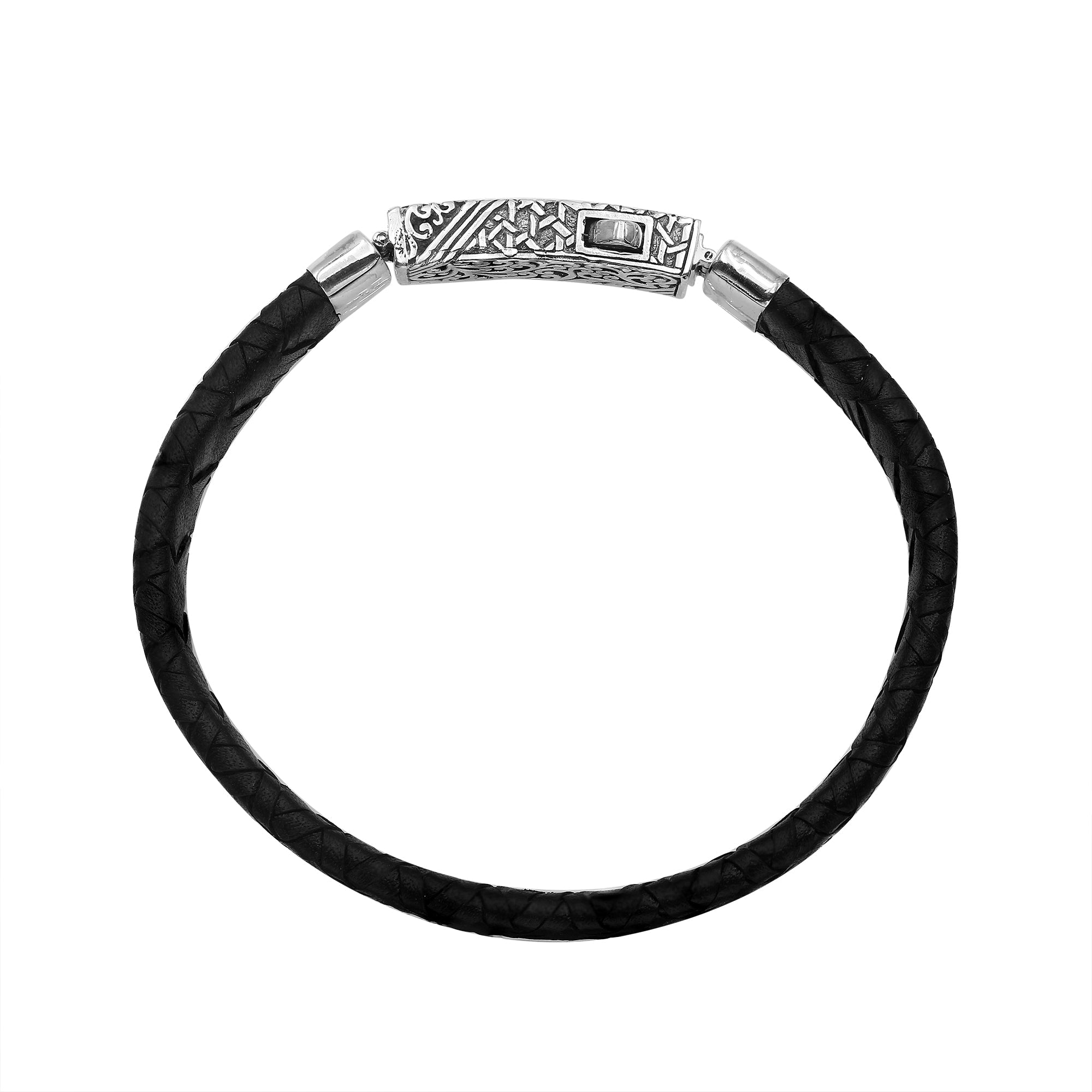 Sterling silver black leather braided bracelet with detailed Balinese push clasp handcrafted in Bali