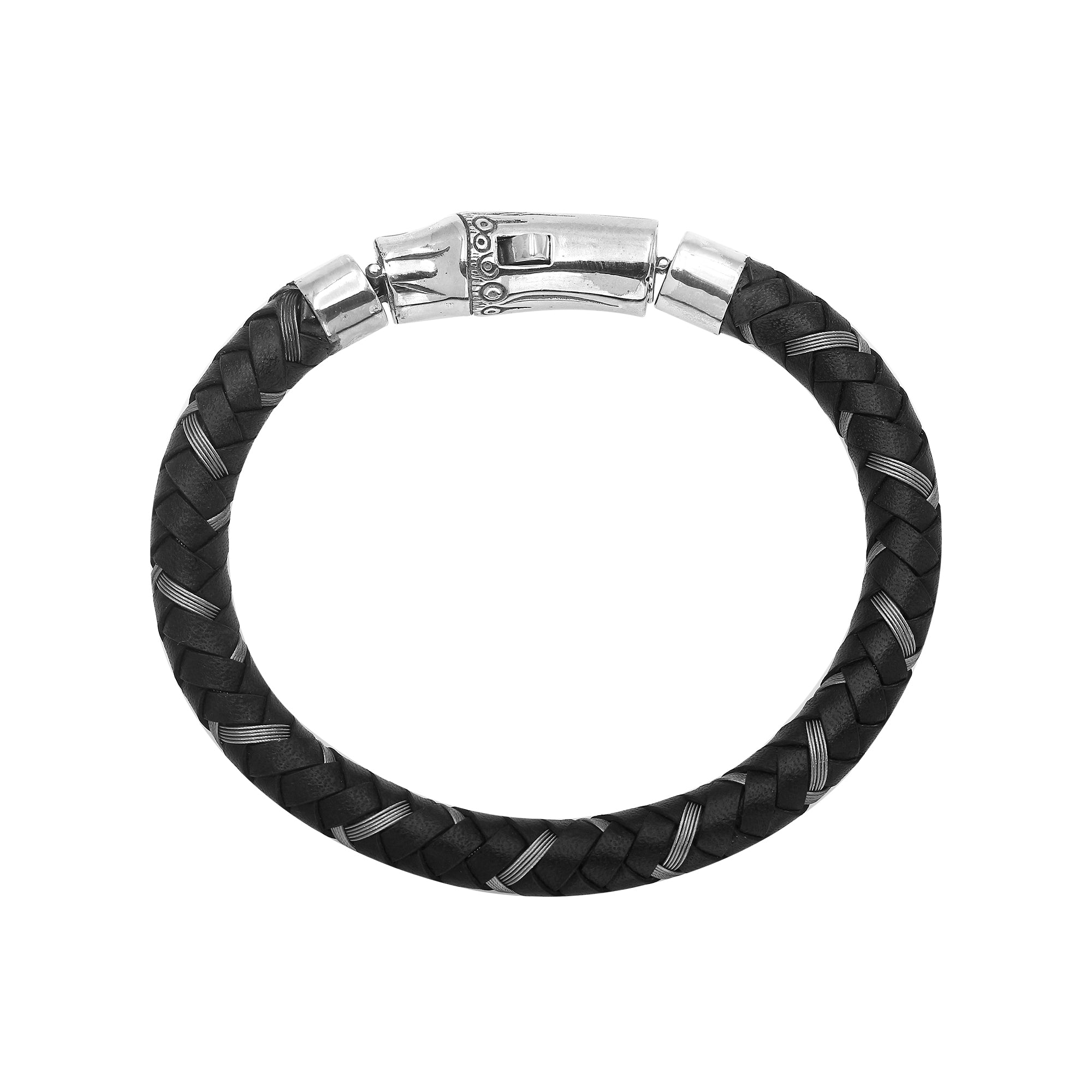 Sterling silver black leather braided bracelet with high polish clasp handcrafted in Bali
