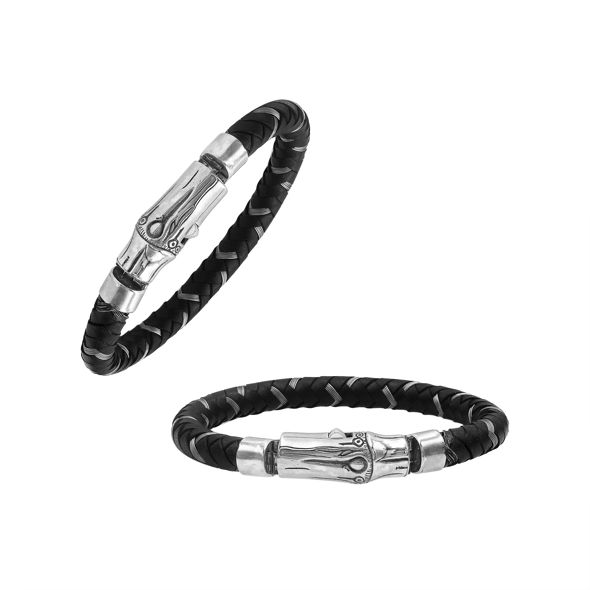 Sterling silver black leather braided bracelet with high polish clasp handcrafted in Bali