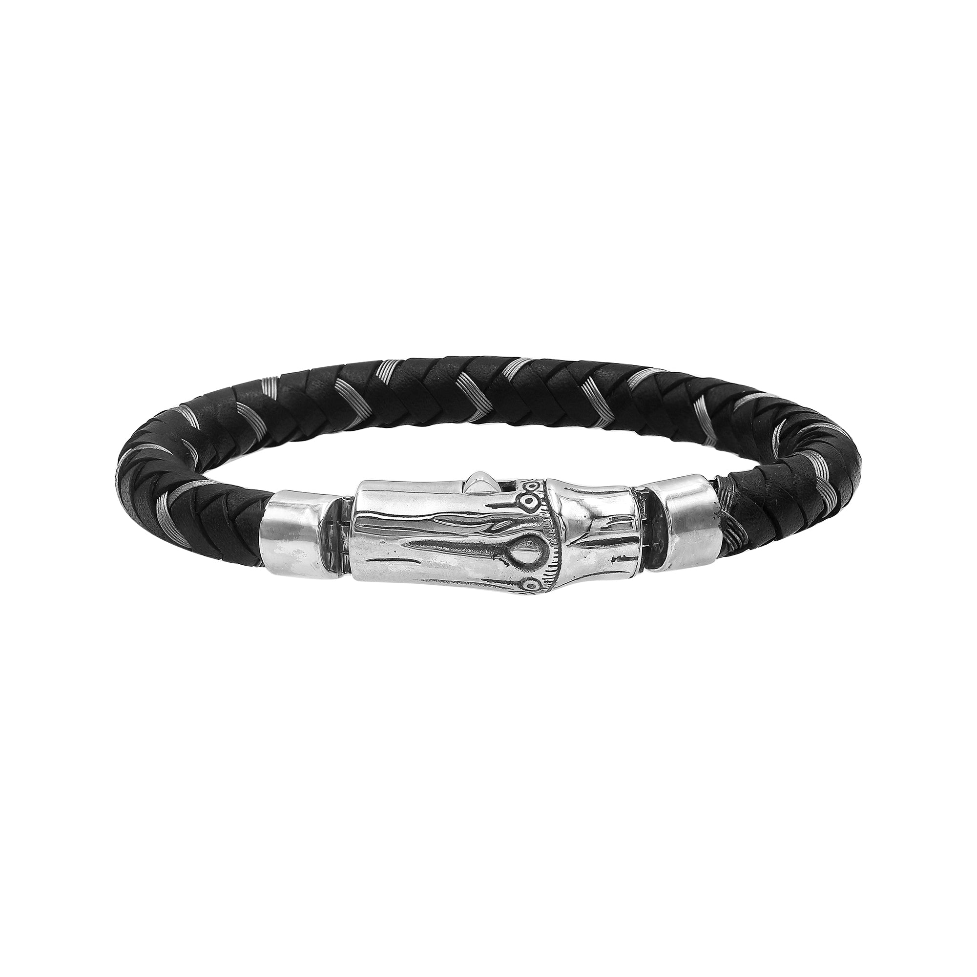 Sterling silver black leather braided bracelet with high polish clasp handcrafted in Bali