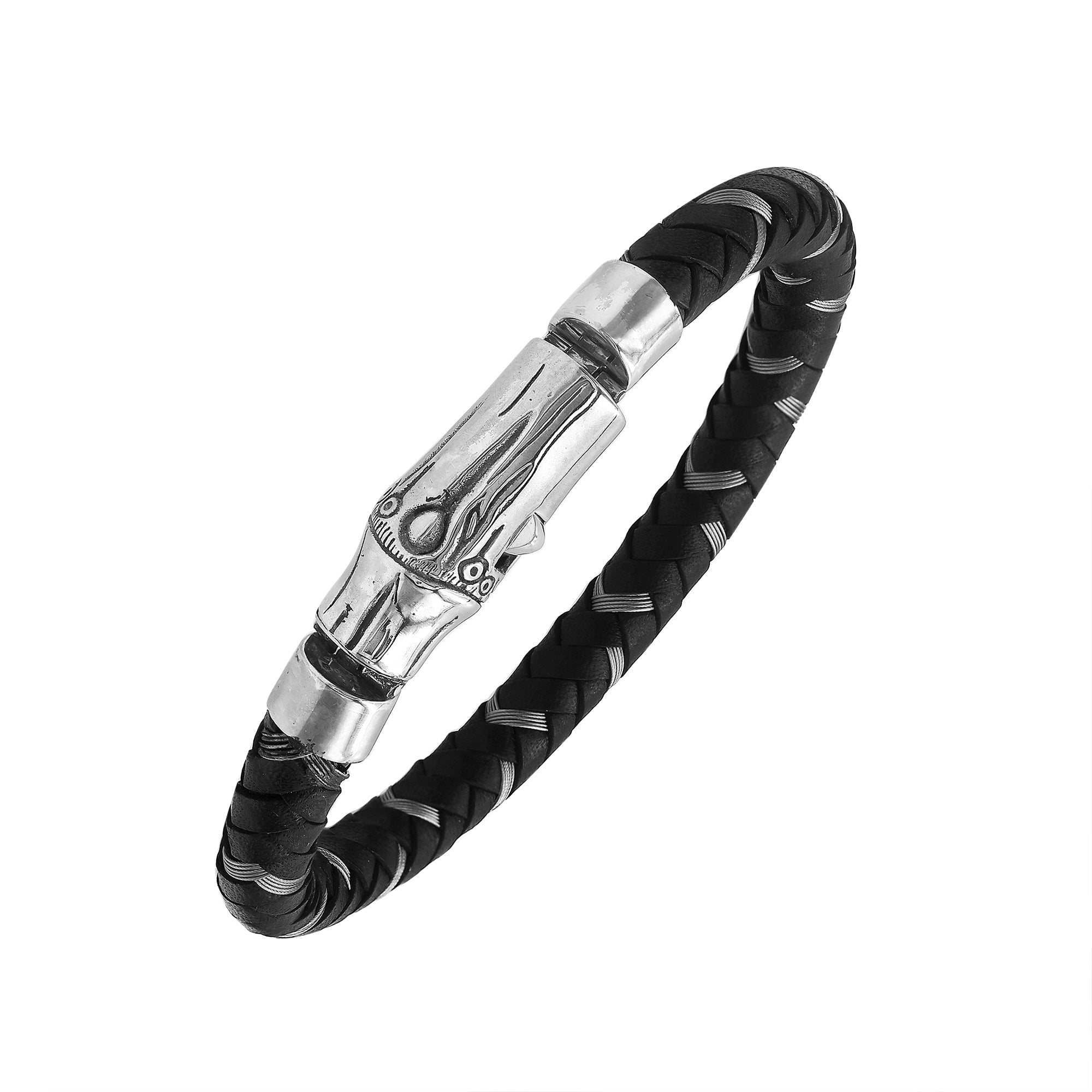 Sterling silver black leather braided bracelet with high polish clasp handcrafted in Bali
