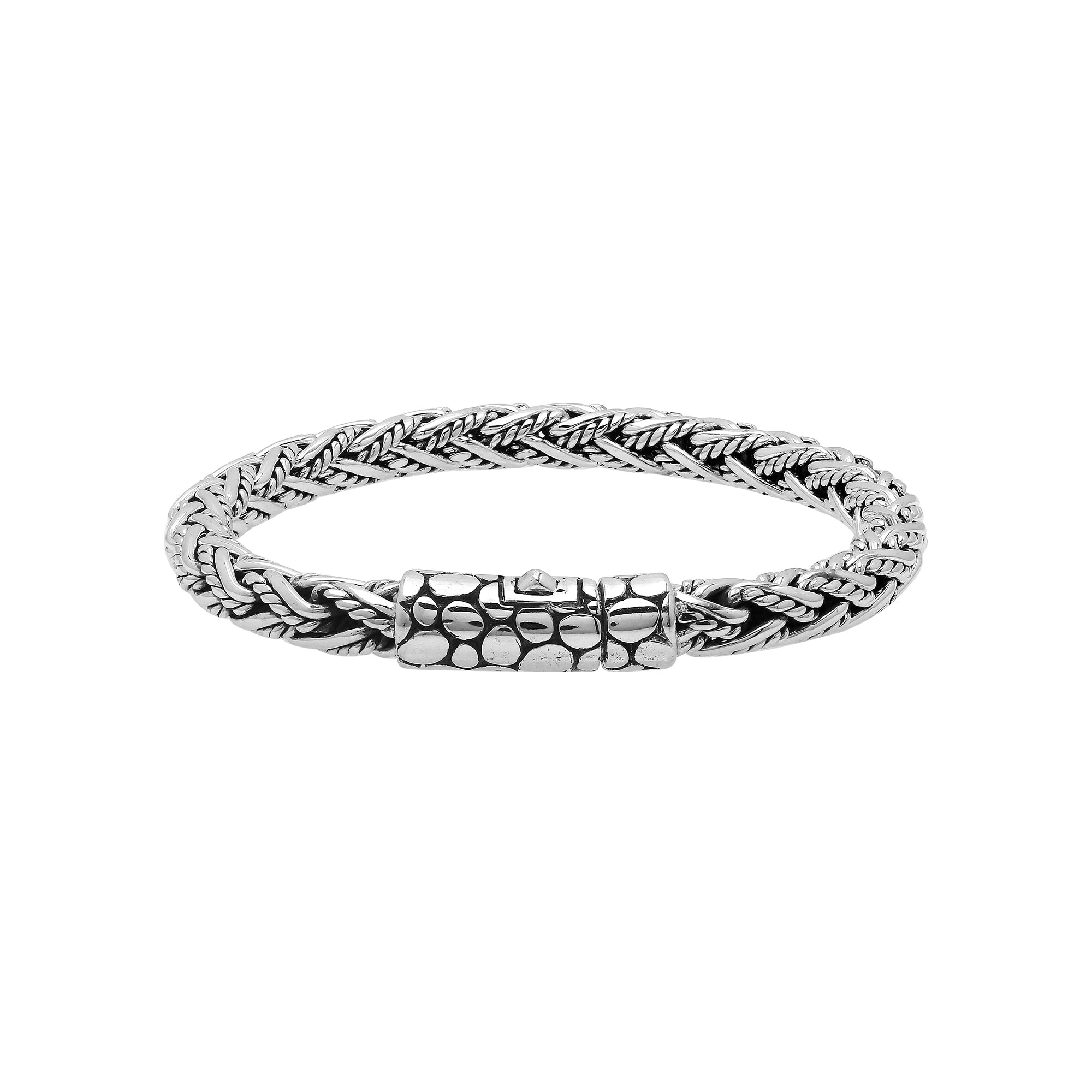 Sterling silver woven chain bracelet with textured clasp and oxidized finish handcrafted in Bali