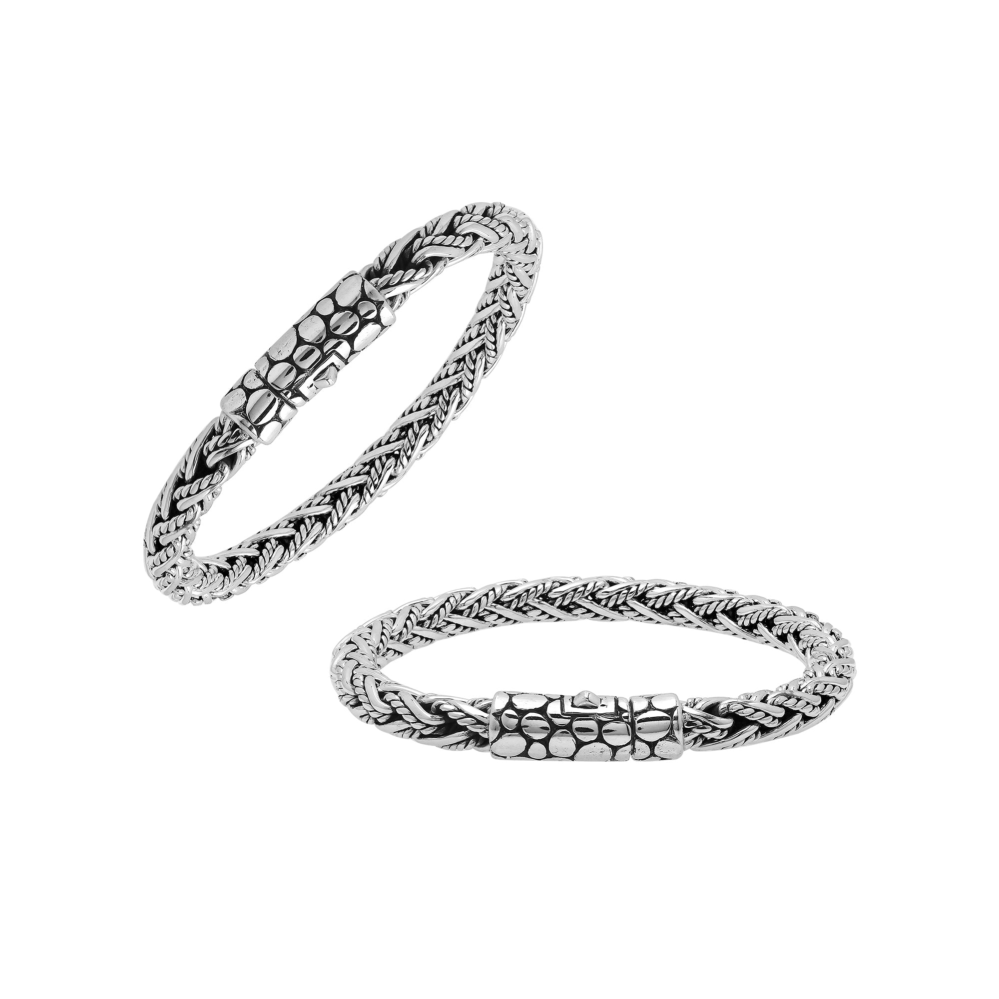 Sterling silver woven chain bracelet with textured clasp and oxidized finish handcrafted in Bali