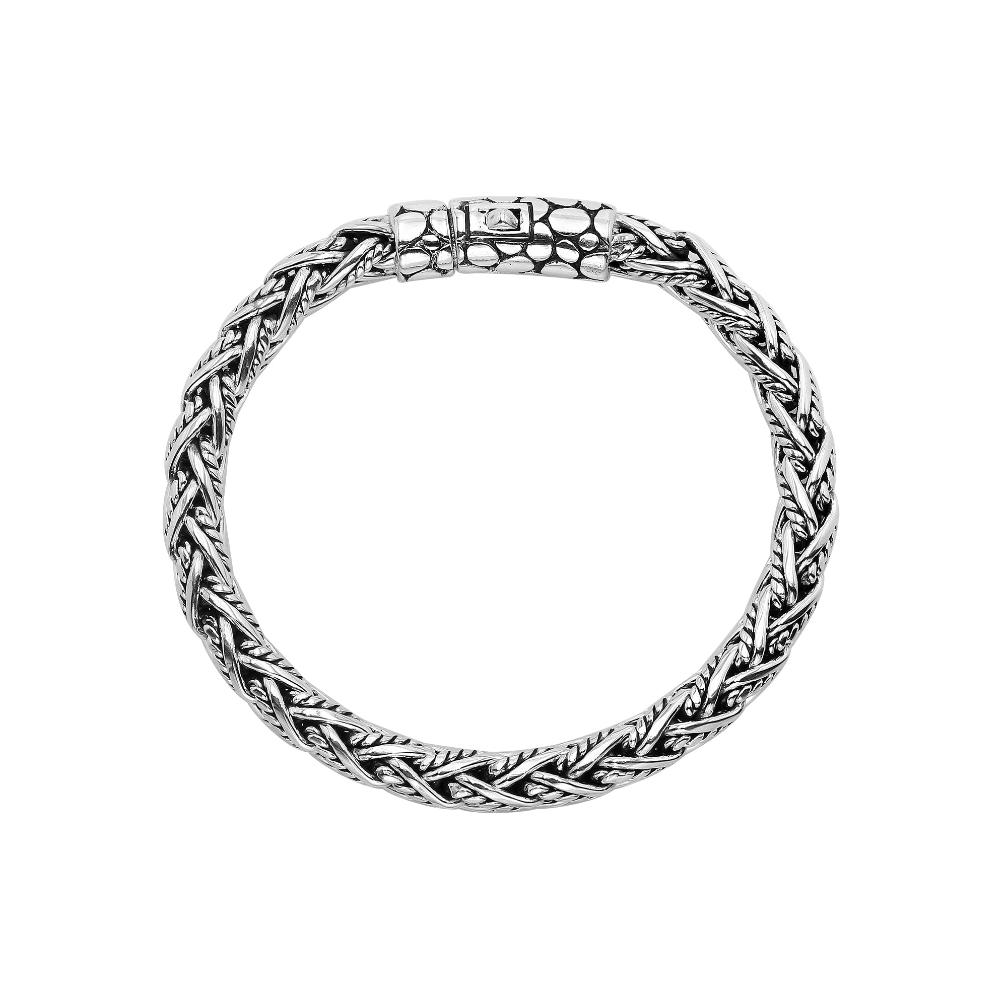 Sterling silver woven chain bracelet with textured clasp and oxidized finish handcrafted in Bali