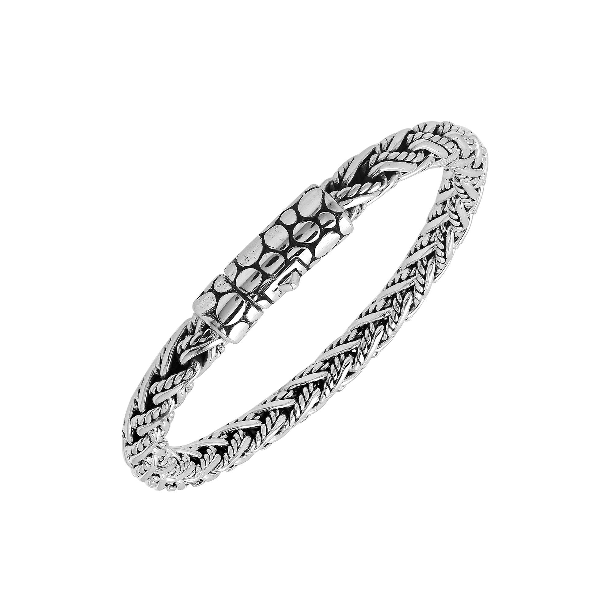Sterling silver woven chain bracelet with textured clasp and oxidized finish handcrafted in Bali