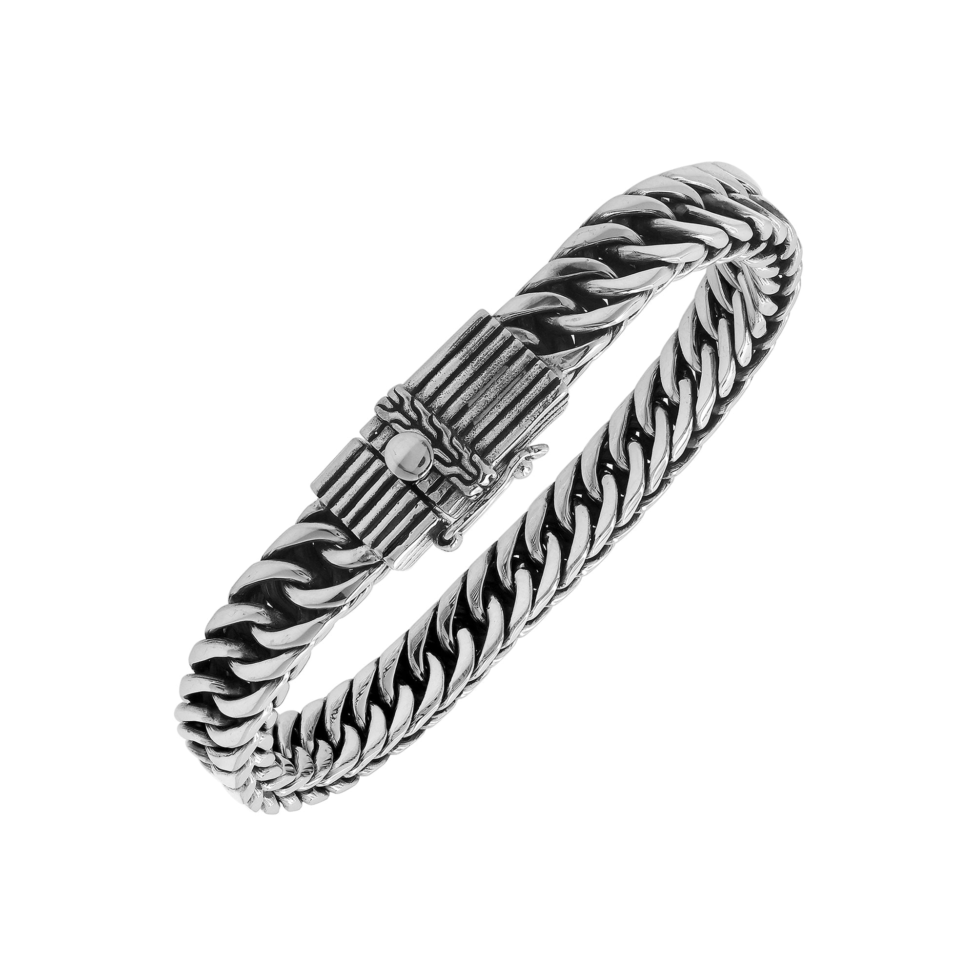 Sterling silver curb chain bracelet with detailed box clasp and oxidized finish