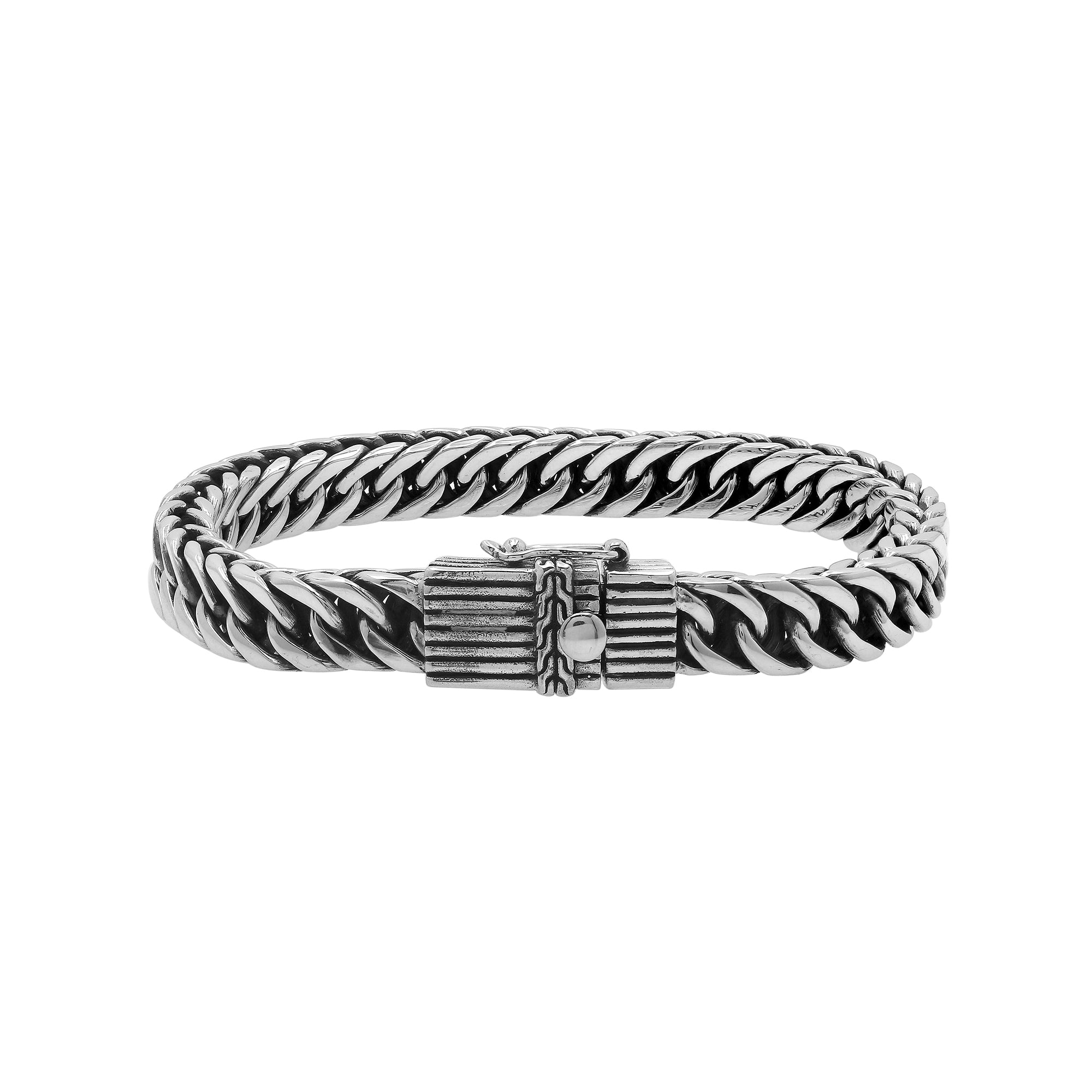 Sterling silver curb chain bracelet with detailed box clasp and oxidized finish