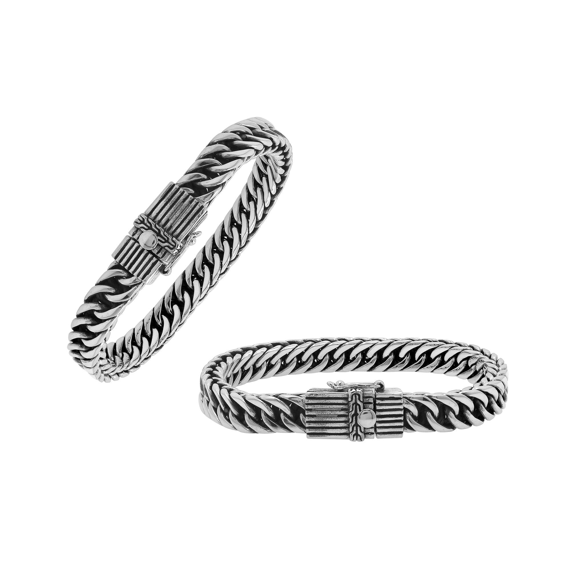 Sterling silver curb chain bracelet with detailed box clasp and oxidized finish