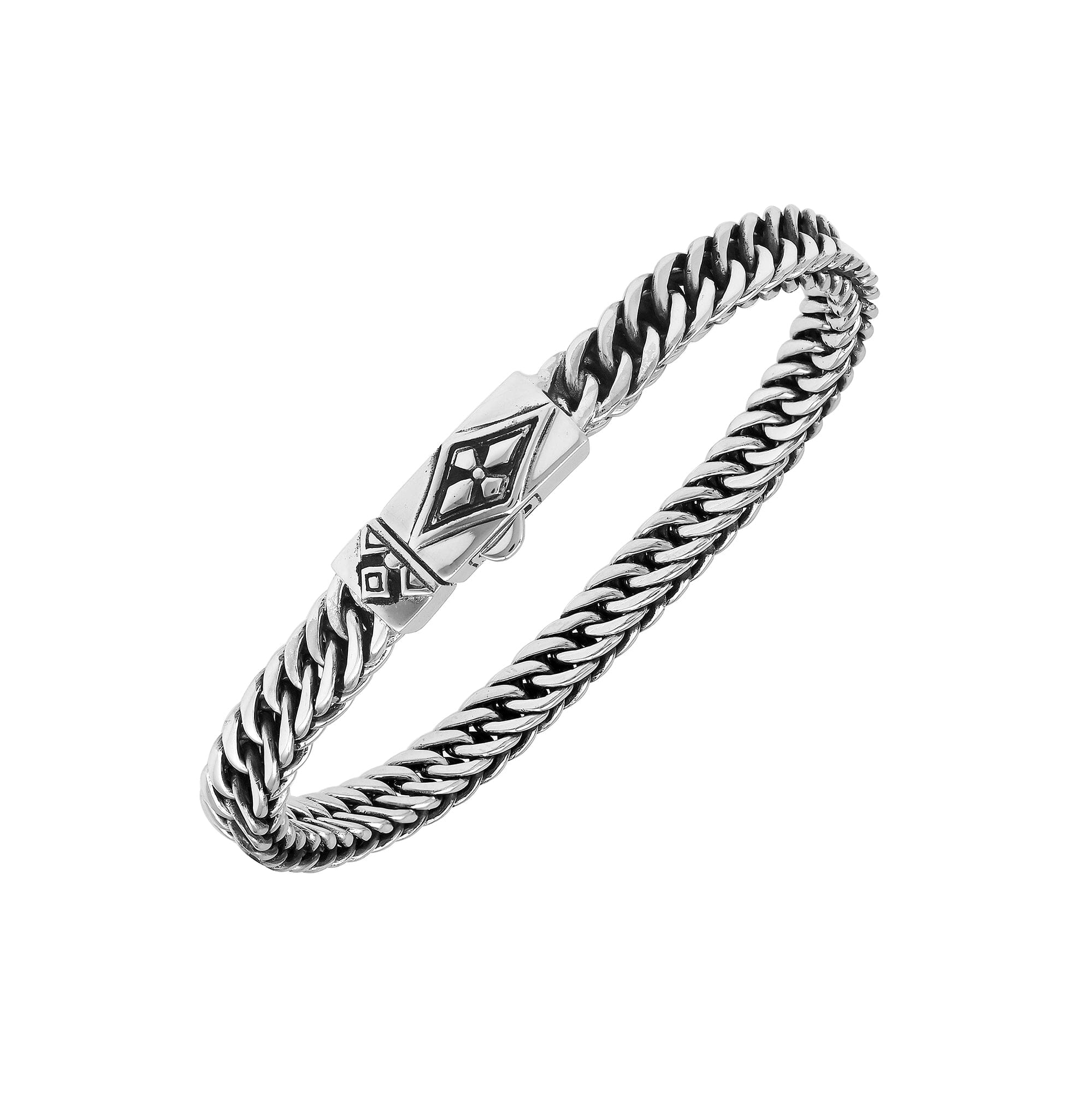 Sterling silver curb chain bracelet with geometric diamond clasp and oxidized finish