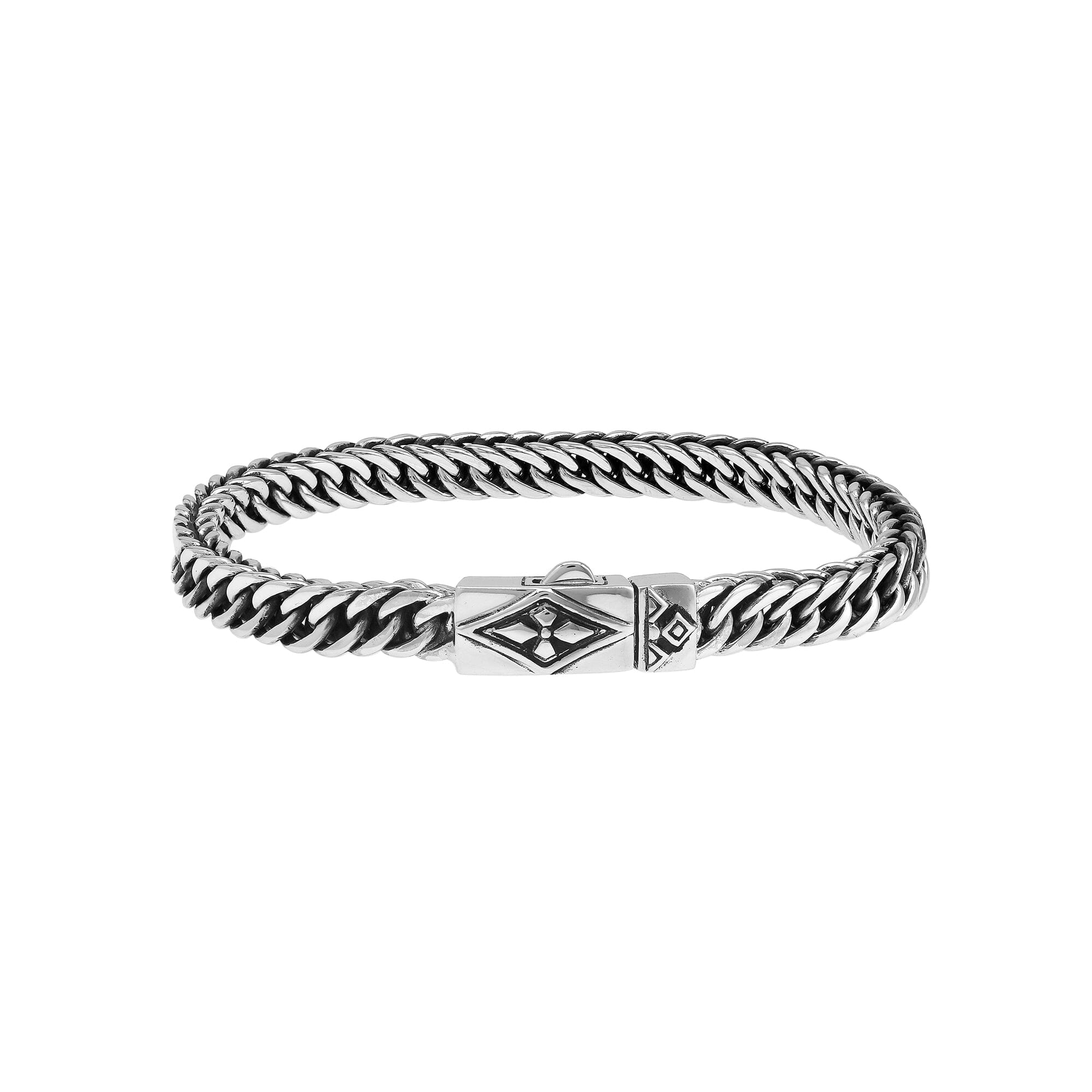 Sterling silver curb chain bracelet with geometric diamond clasp and oxidized finish