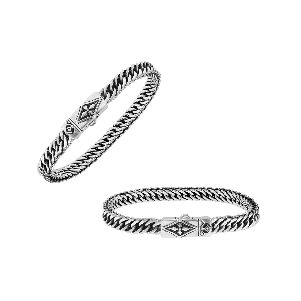 Sterling silver curb chain bracelet with geometric diamond clasp and oxidized finish