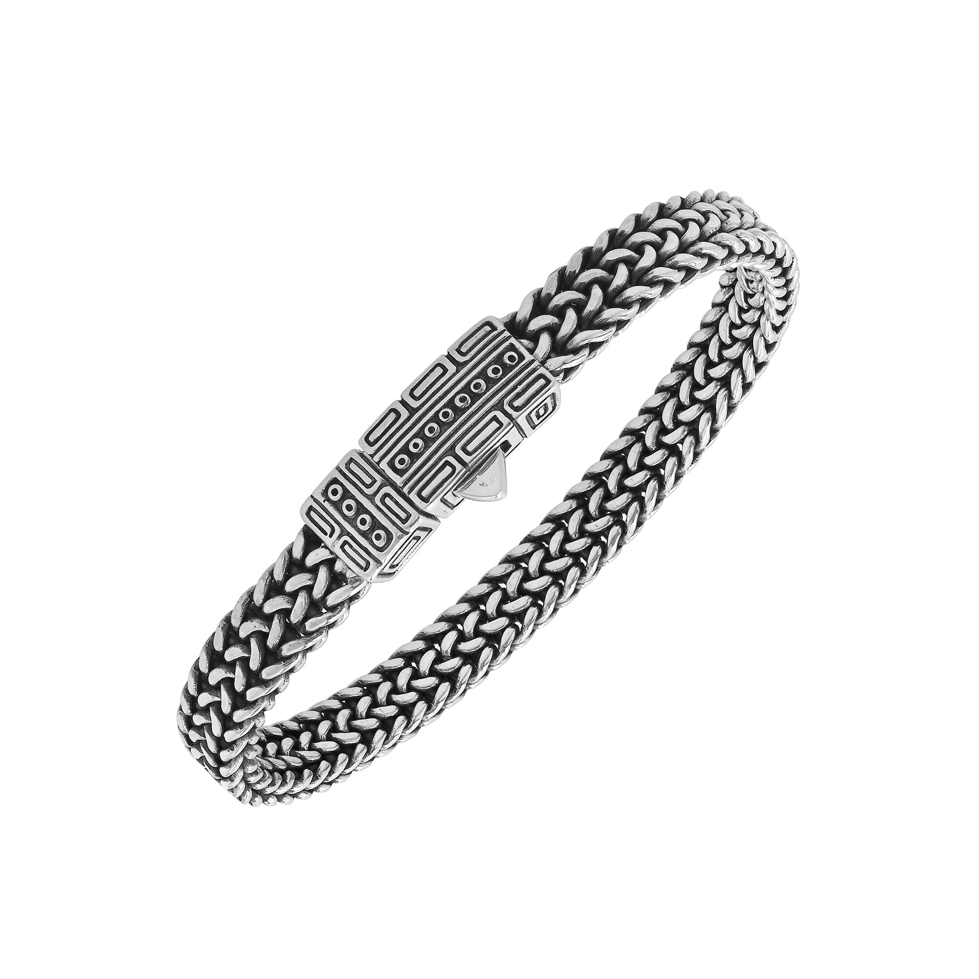 Sterling silver woven bracelet with geometric Balinese clasp and oxidized finish