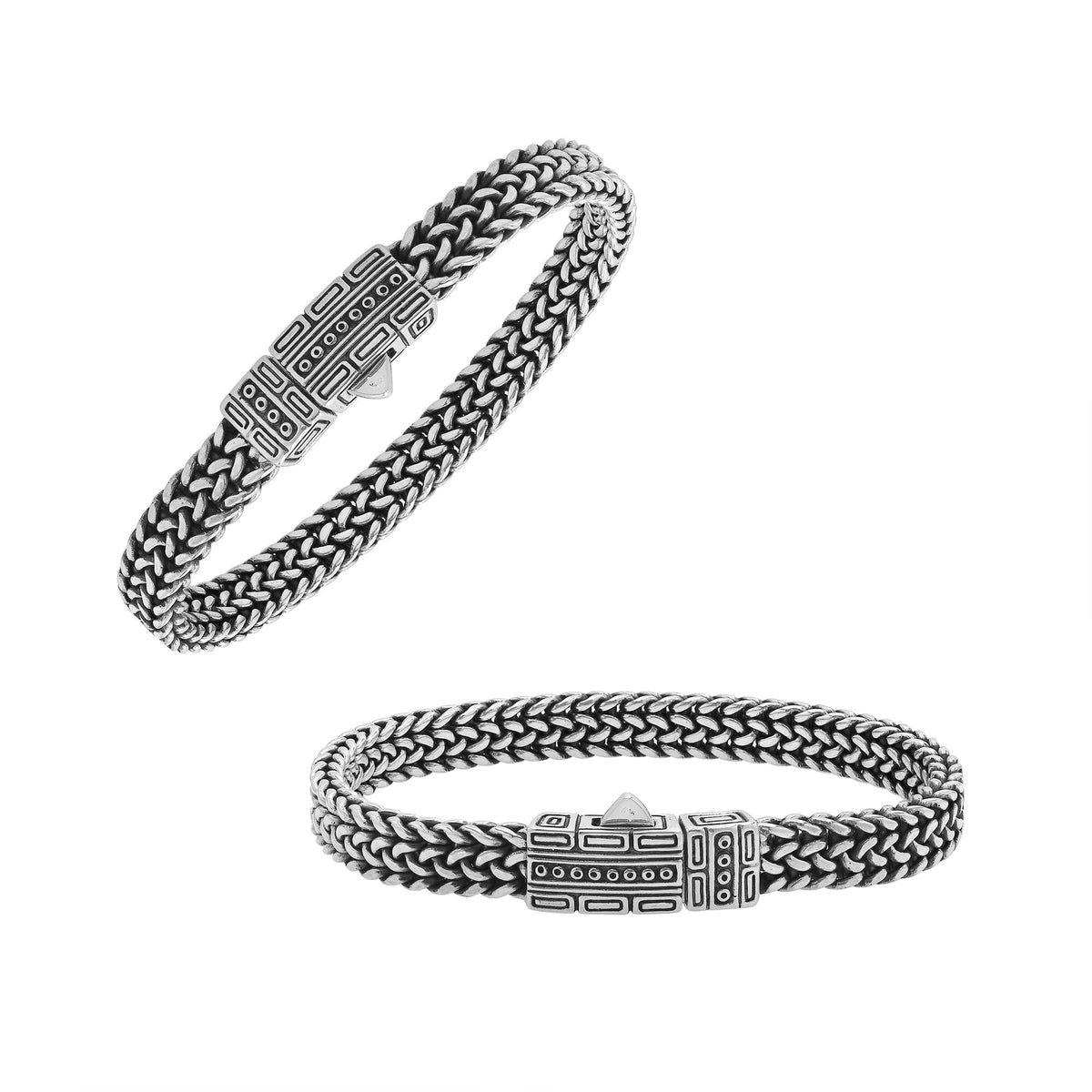 Sterling silver woven bracelet with geometric Balinese clasp and oxidized finish