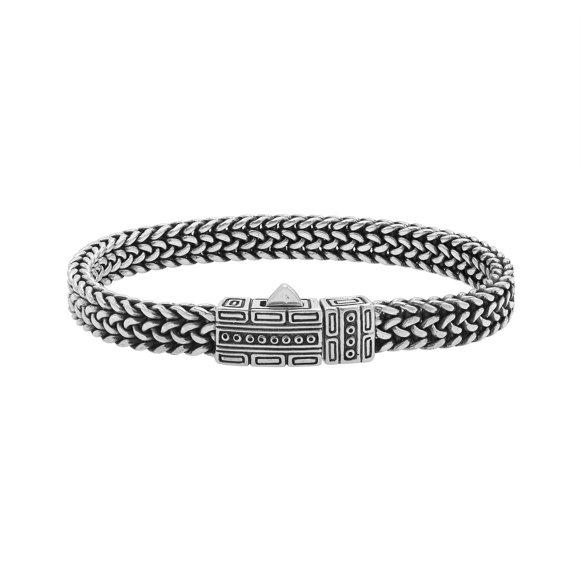 Sterling silver woven bracelet with geometric Balinese clasp and oxidized finish