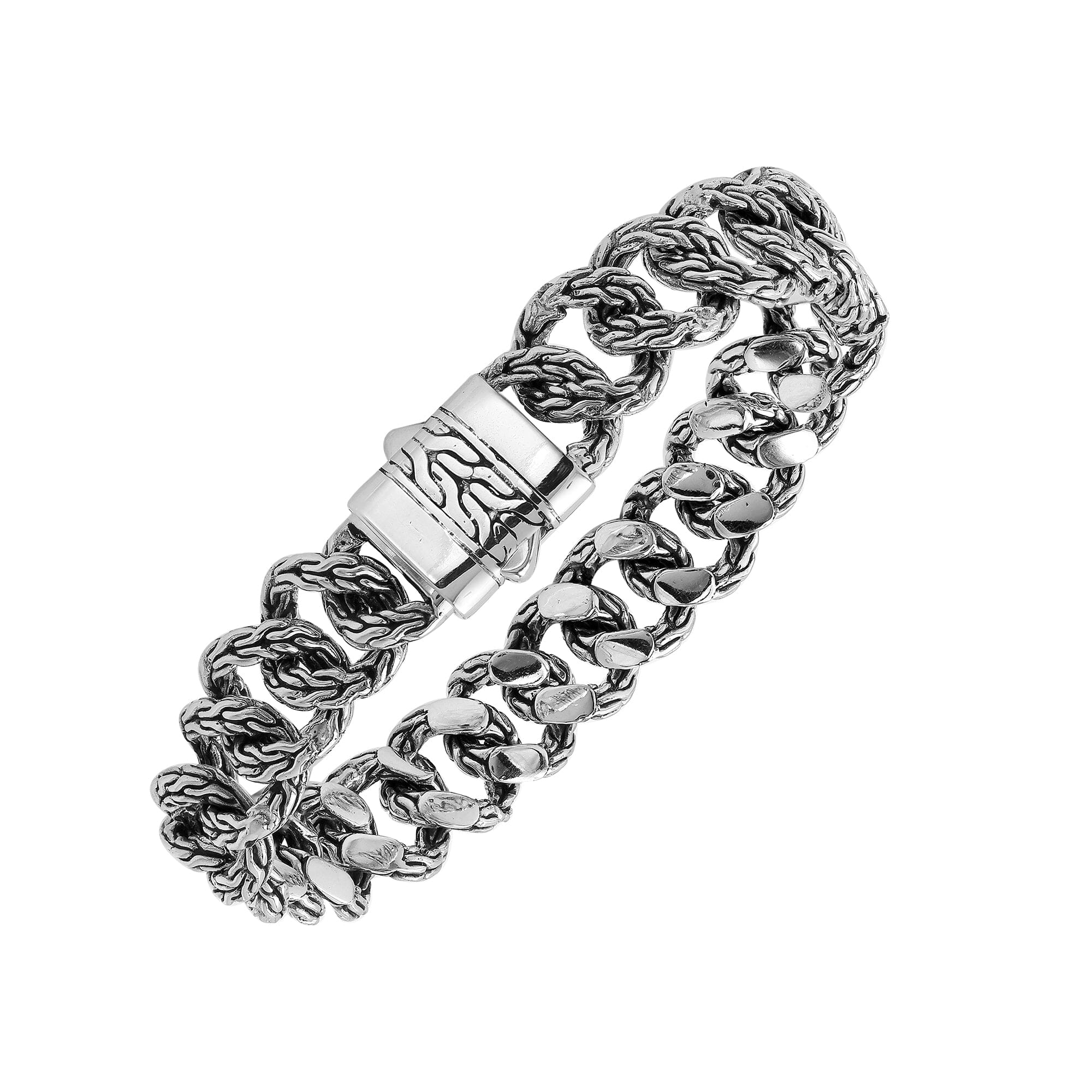 Handcrafted Silver Mix Chain Bracelet From Bali With Push Clasp
