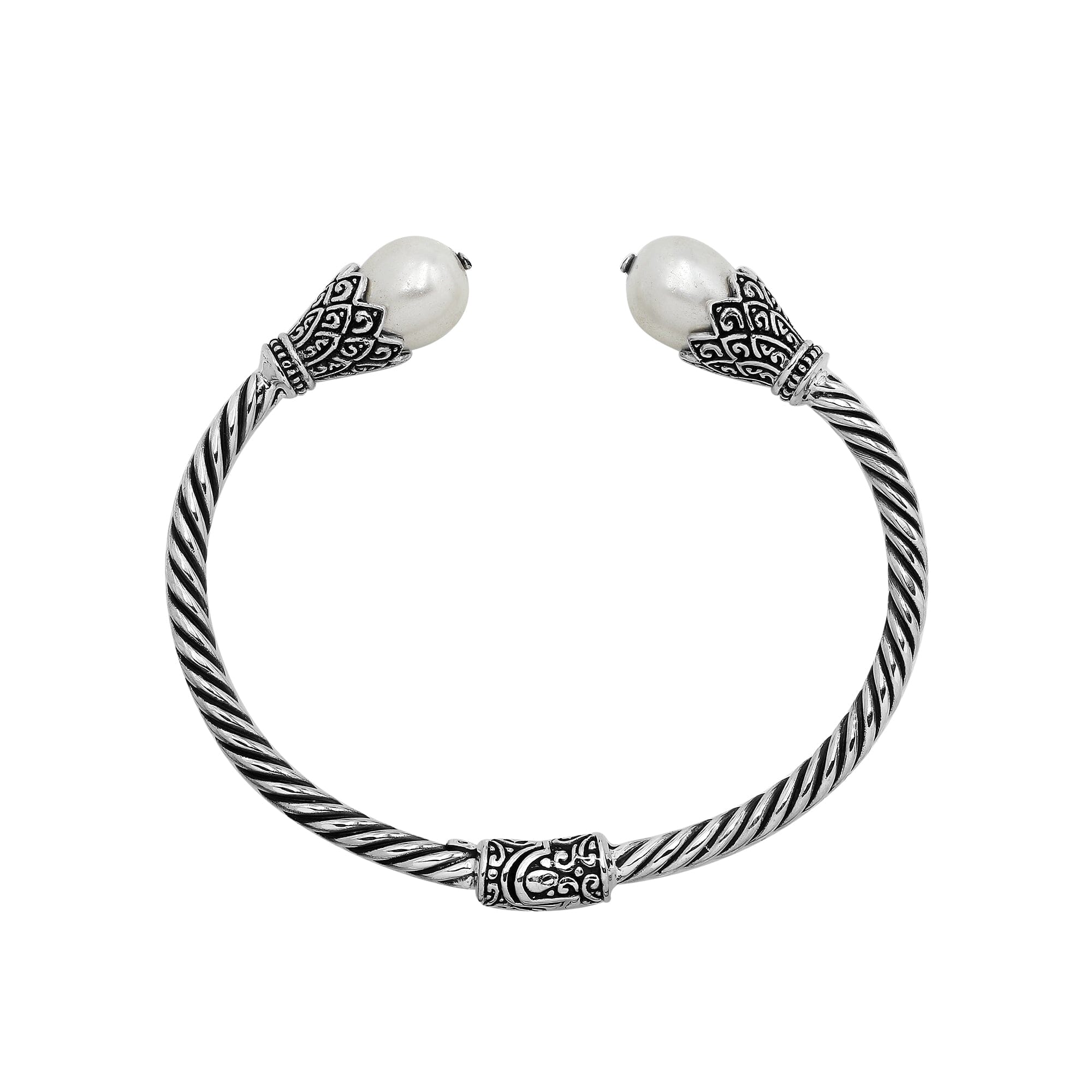 Balinese Twisted 925 Sterling Silver Bangle With Shell Pearl And Hinge Lock For Women