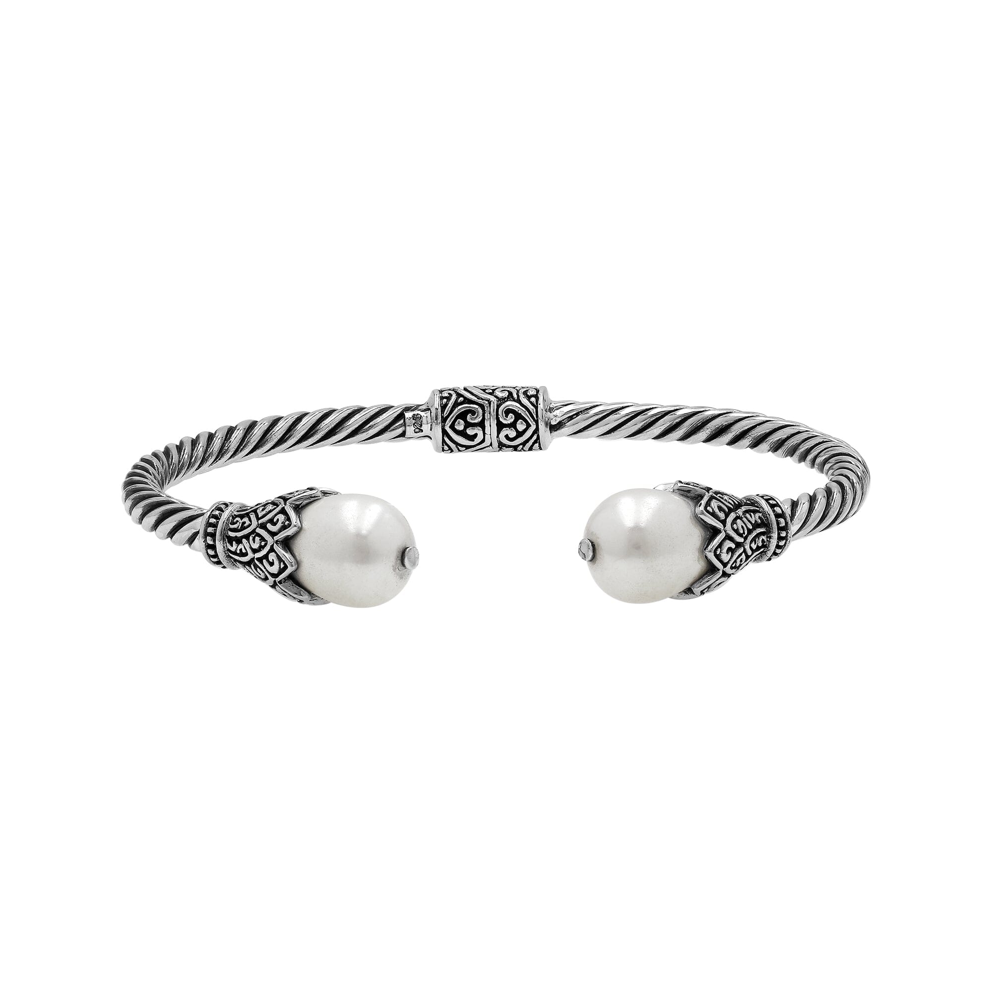 Balinese Twisted 925 Sterling Silver Bangle With Shell Pearl And Hinge Lock For Women