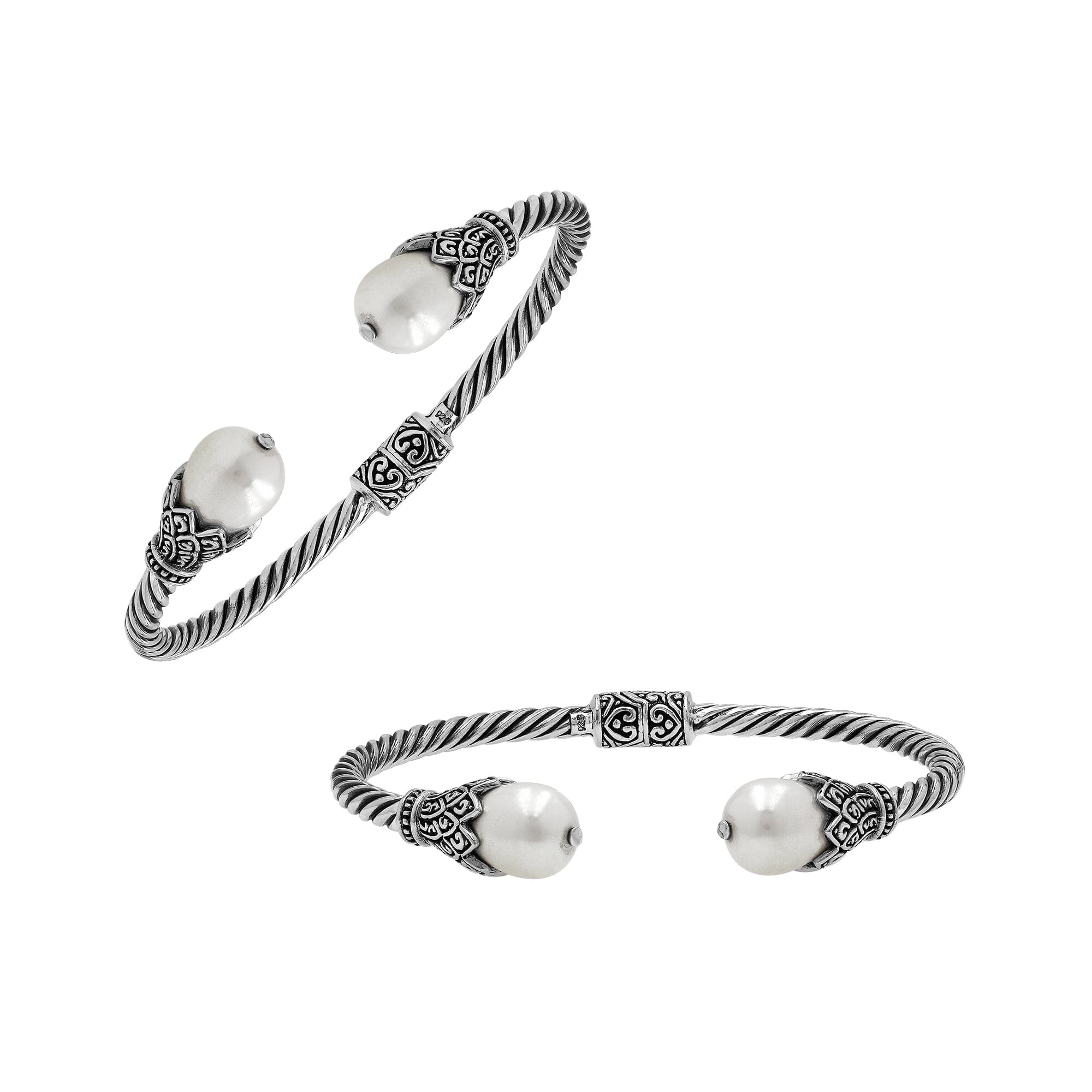 Balinese Twisted 925 Sterling Silver Bangle With Shell Pearl And Hinge Lock Online