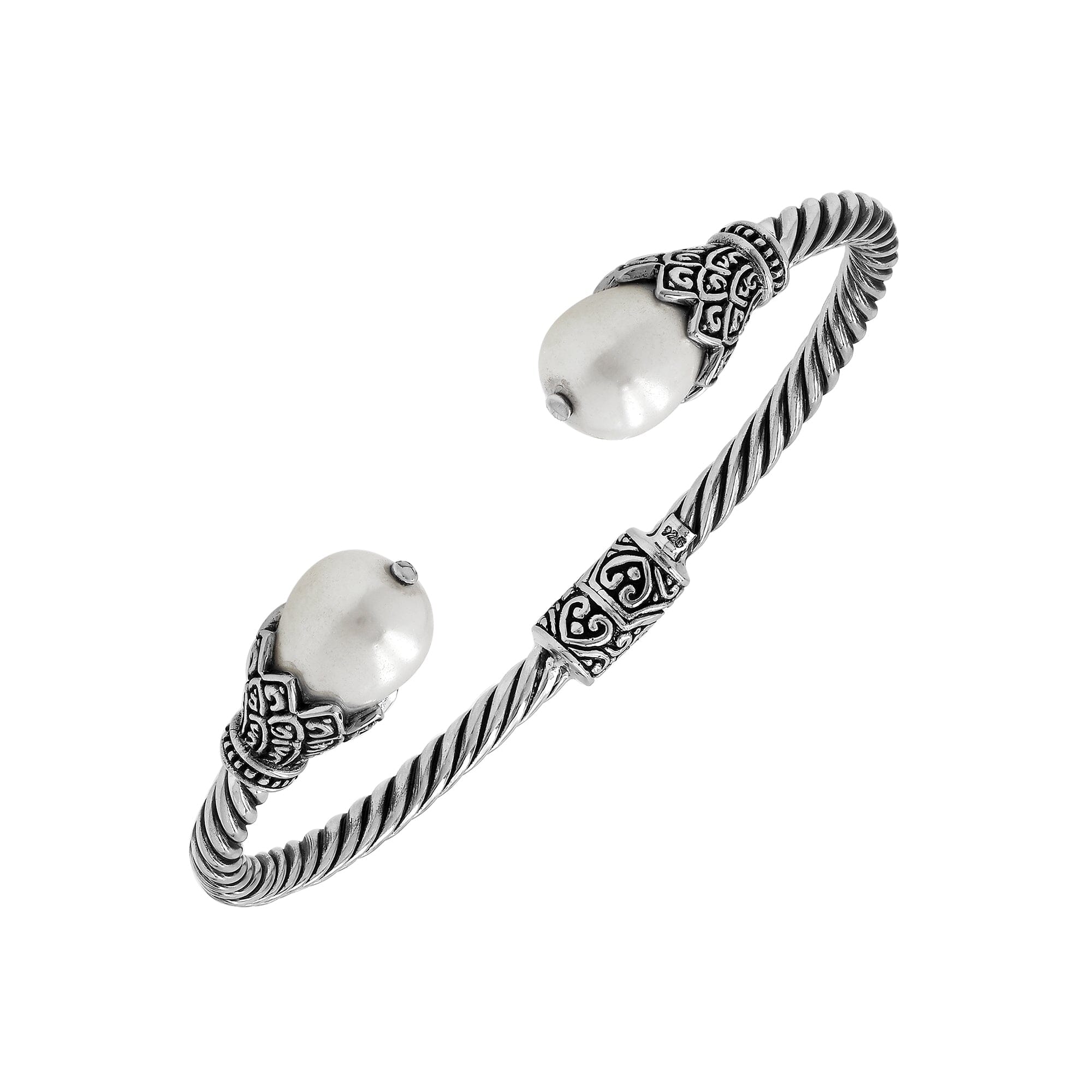 Balinese Twisted 925 Sterling Silver Bangle With Shell Pearl And Hinge Lock For Women