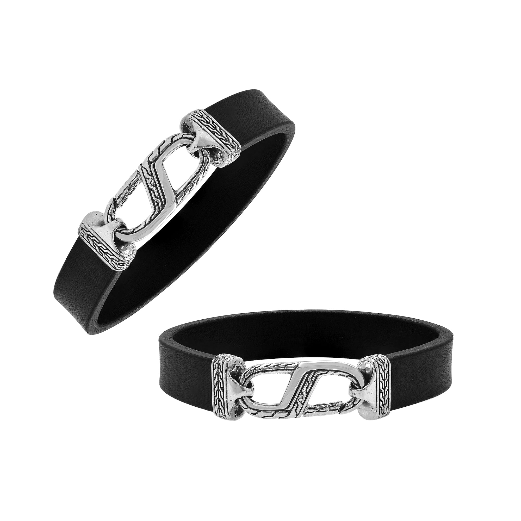 Balinese 925 Sterling Silver And Black Leather Bracelet With Hook Lock For Men