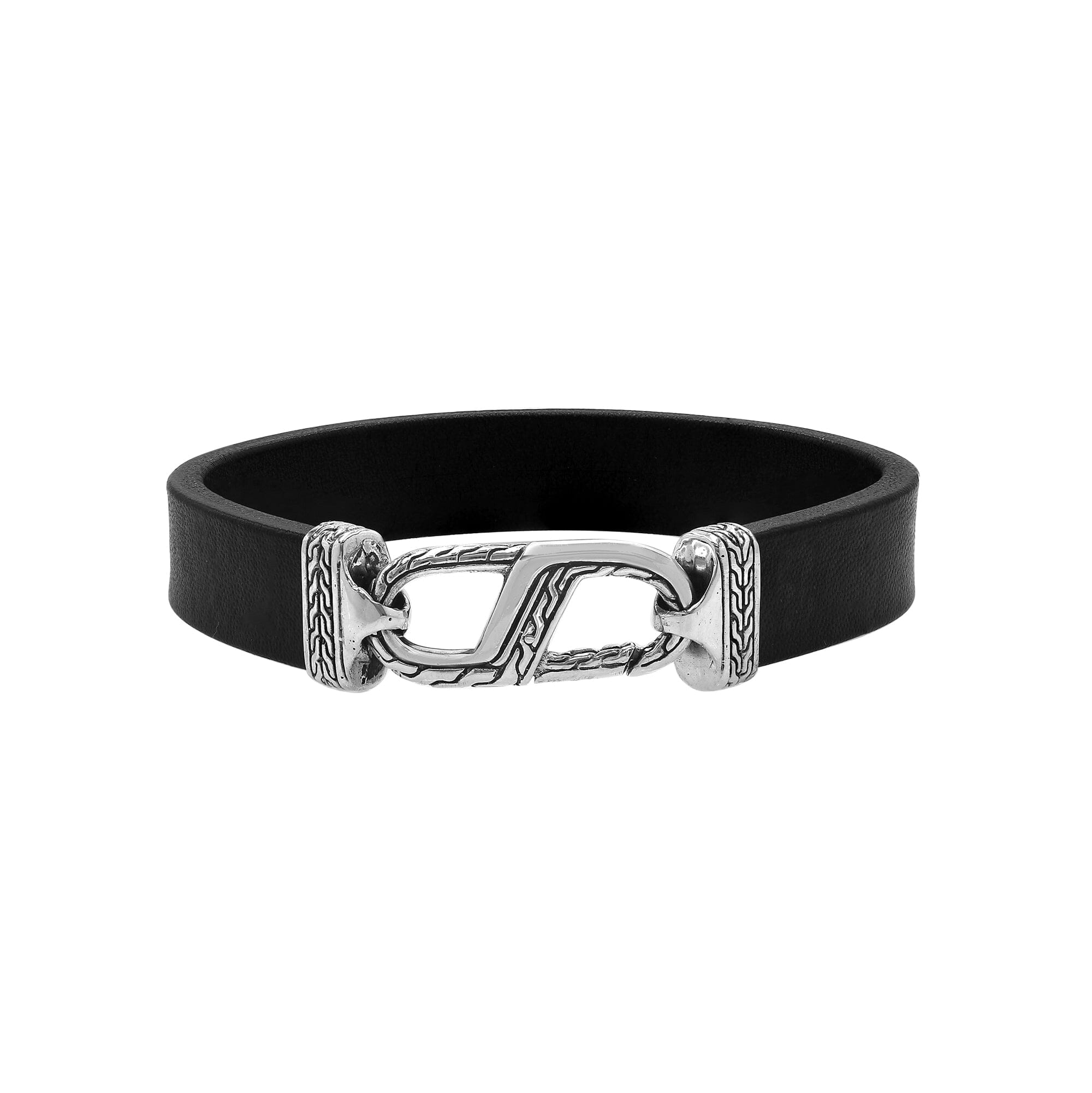 Balinese 925 Sterling Silver And Black Leather Bracelet With Hook Lock For Men
