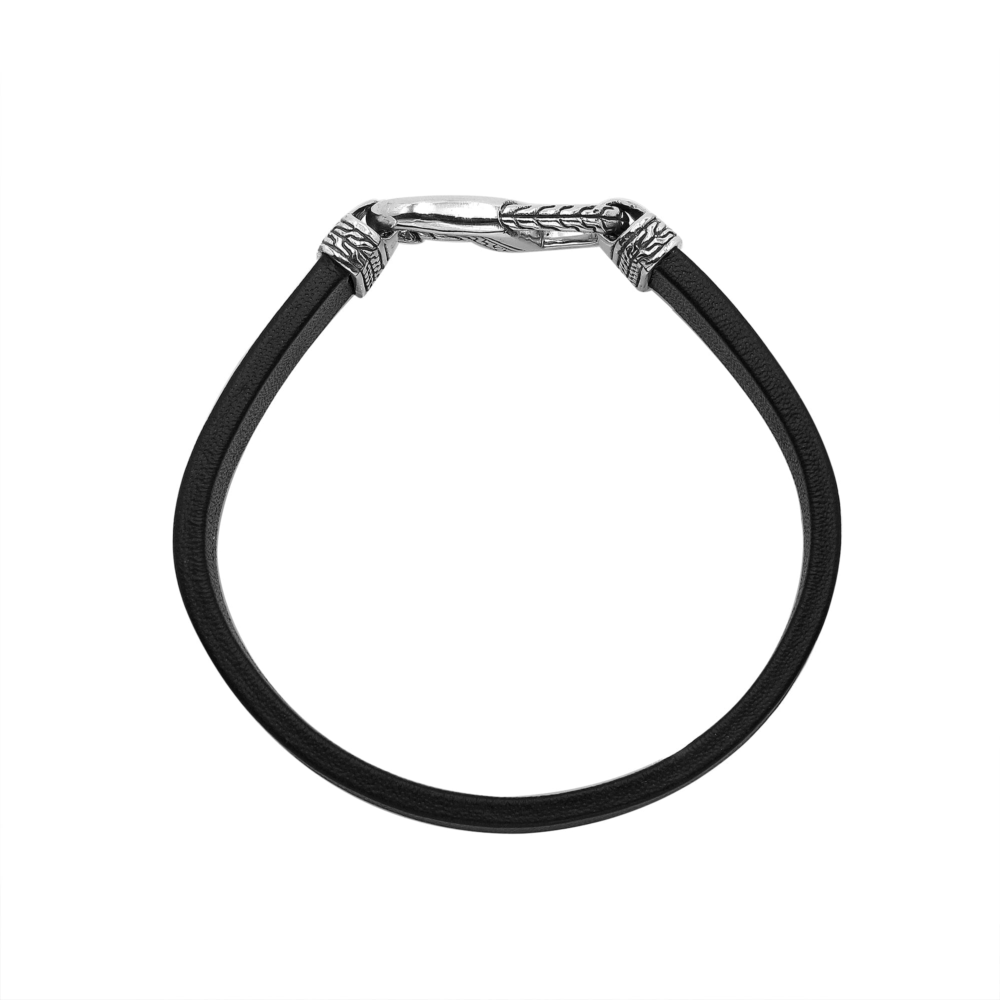 Balinese 925 Sterling Silver And Black Leather Bracelet With Hook Lock For Men