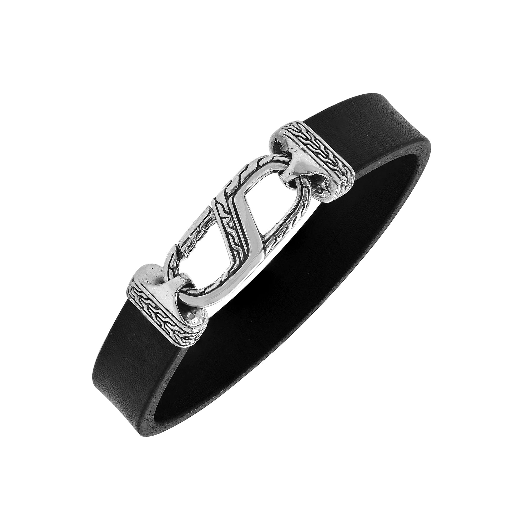 Balinese 925 Sterling Silver And Black Leather Bracelet With Hook Lock For Men