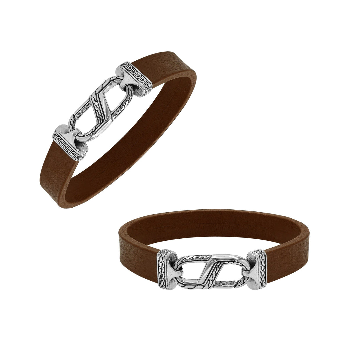 Balinese 925 Sterling Silver And Brown Leather Bracelet With Hook Lock For Men