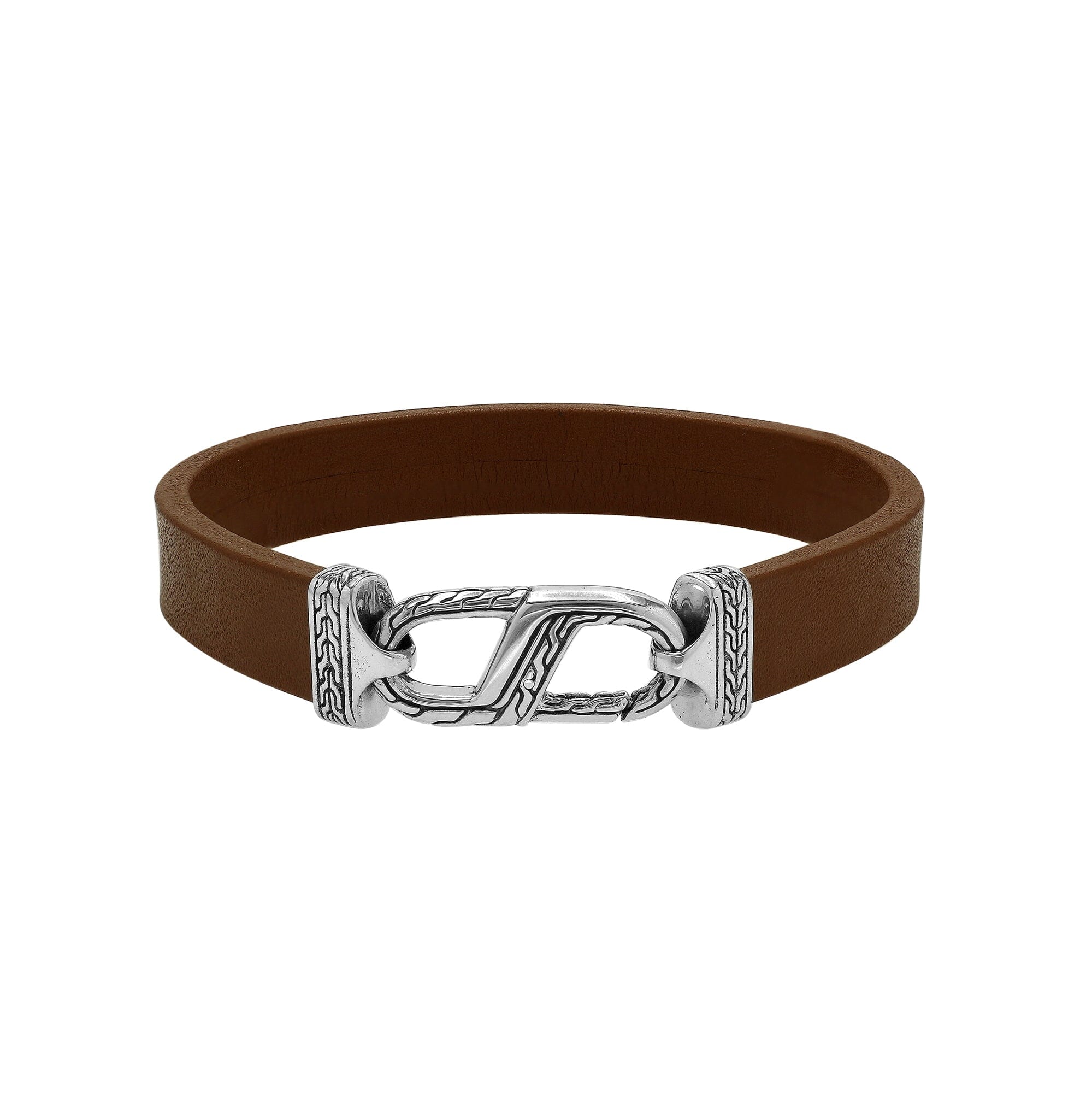 Balinese 925 Sterling Silver And Brown Leather Bracelet With Hook Lock For Men