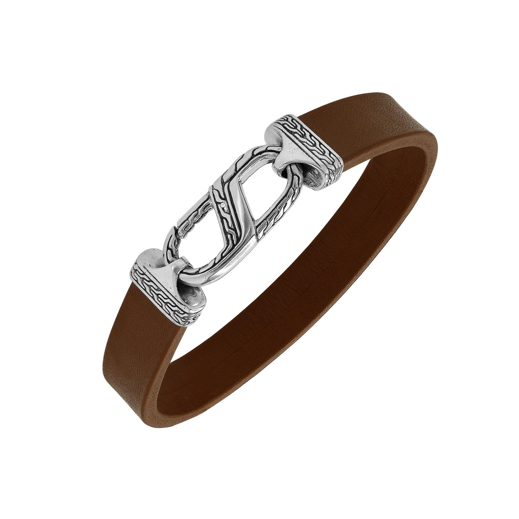Balinese 925 Sterling Silver And Brown Leather Bracelet With Hook Lock For Men