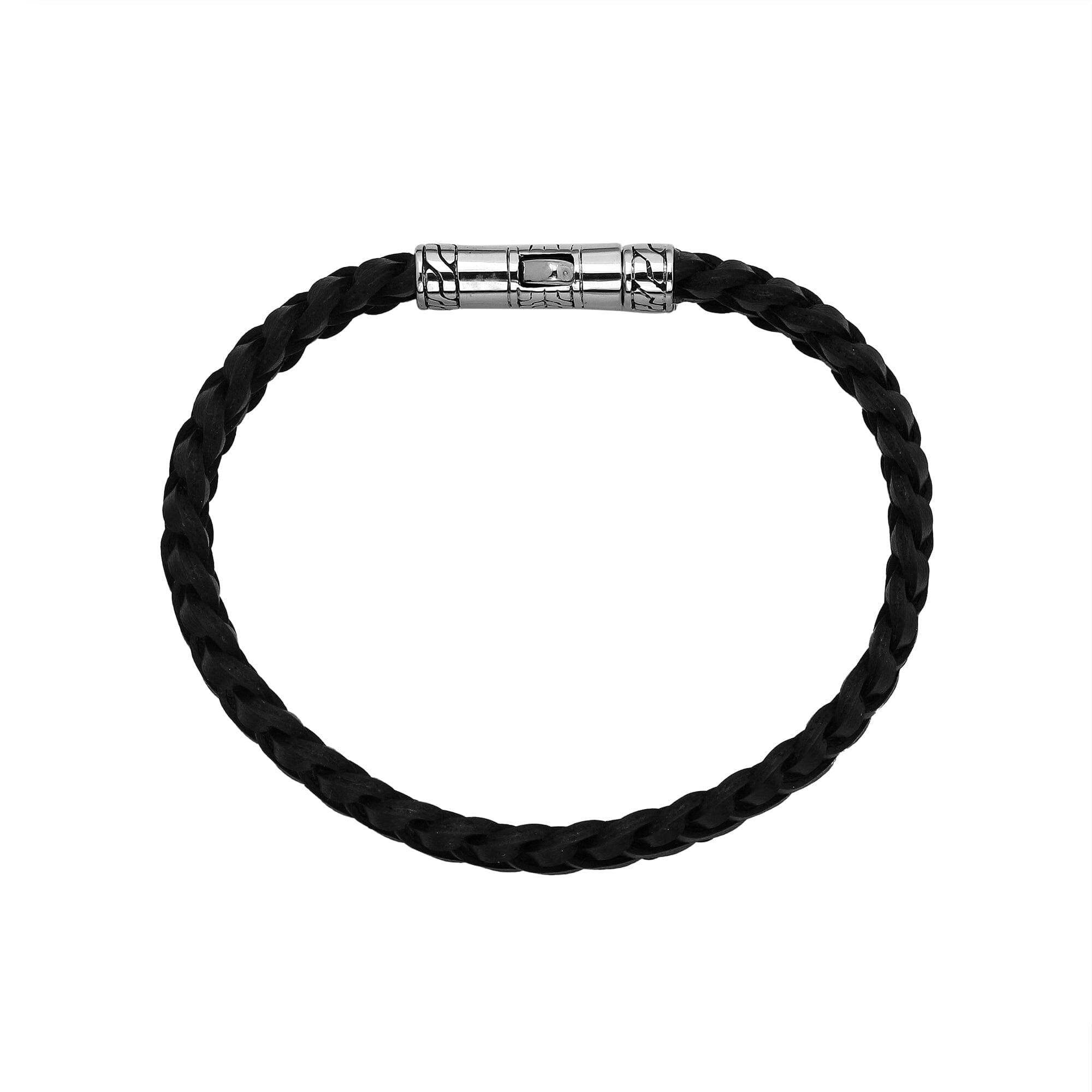 Balinese 925 Sterling Silver And Black Leather Bracelet With Push Lock For Men