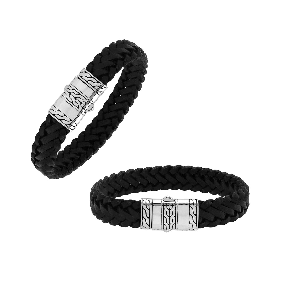 Balinese 925 Sterling Silver And Black Leather Bracelet With Push Lock For Men