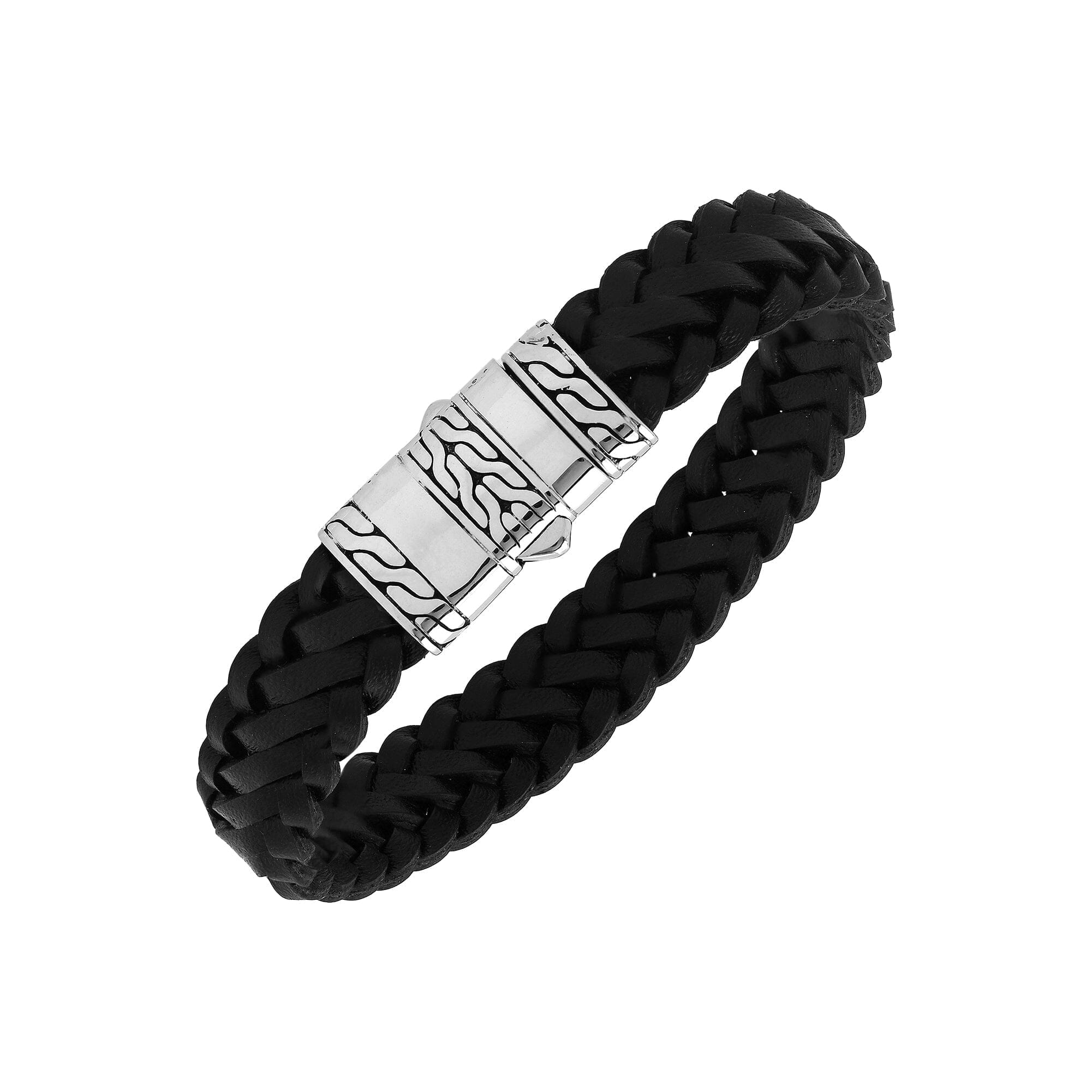 Balinese 925 Sterling Silver And Black Leather Bracelet With Push Lock For Men