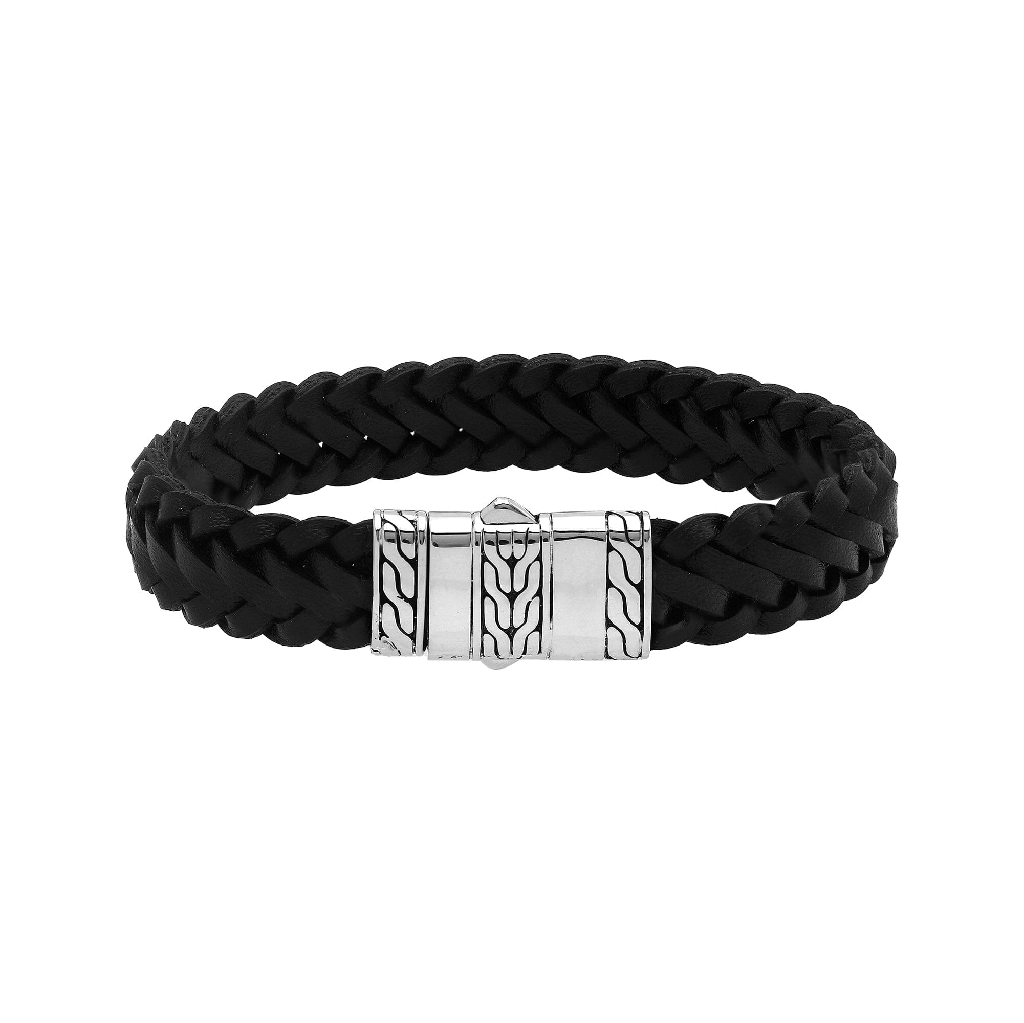 Balinese 925 Sterling Silver And Black Leather Bracelet With Push Lock For Men