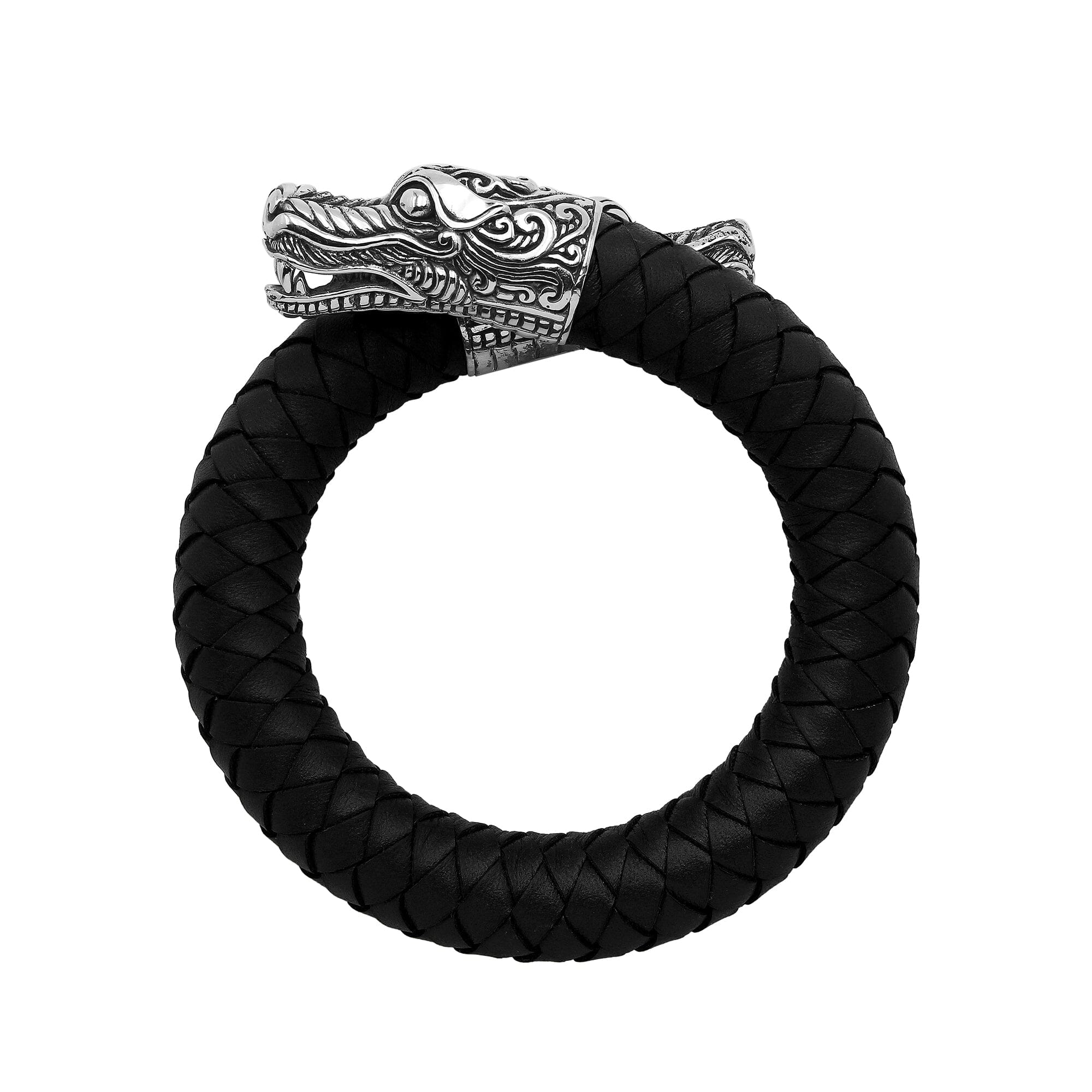 Balinese 925 Sterling Silver Dragon Head Bracelet With Black Leather For Men