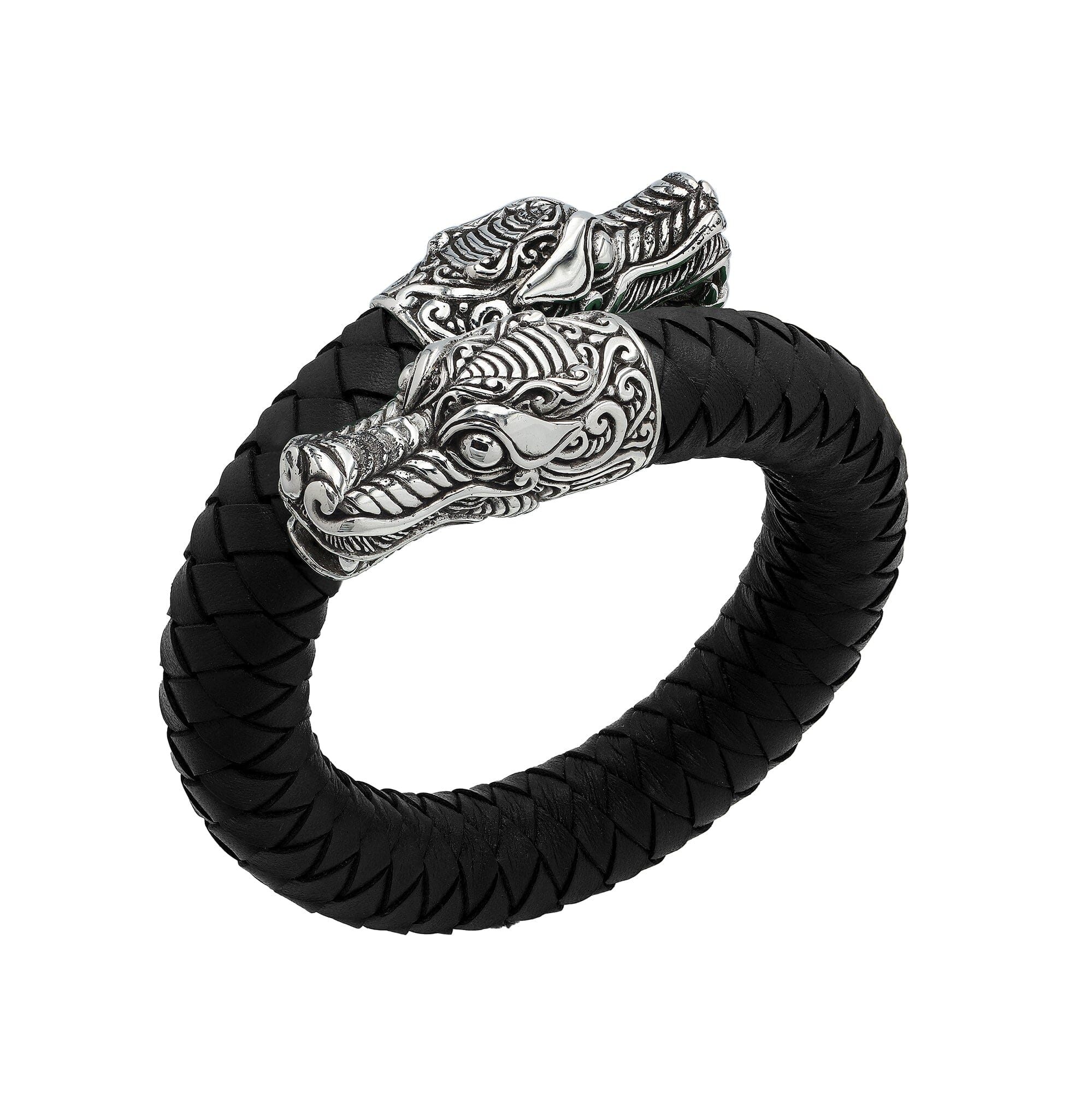 Balinese 925 Sterling Silver Dragon Head Bracelet With Black Leather For Men