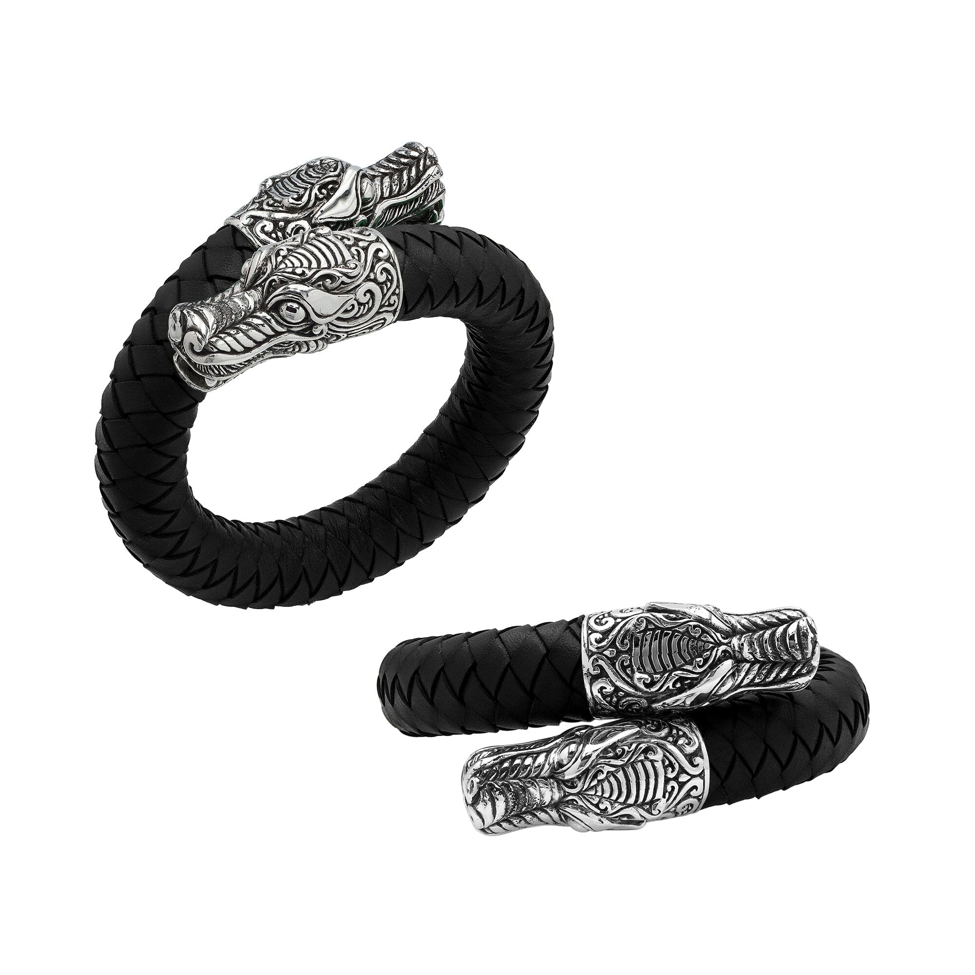 Balinese 925 Sterling Silver Dragon Head Bracelet With Black Leather For Men