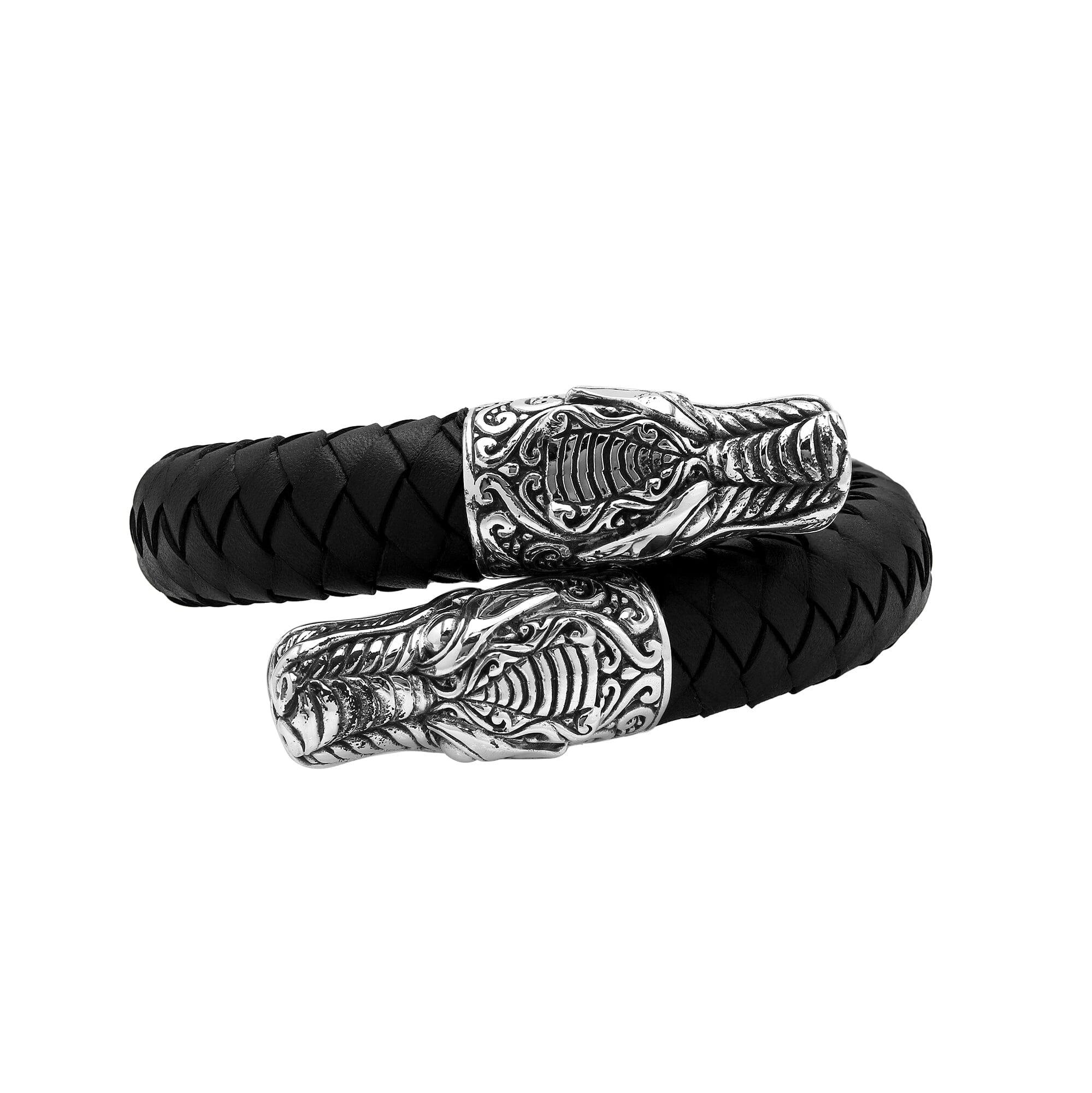 Balinese 925 Sterling Silver Dragon Head Bracelet With Black Leather For Men