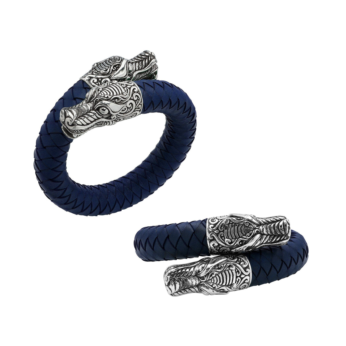 Balinese 925 Sterling Silver Dragon Head Bracelet With Blue Leather For Men